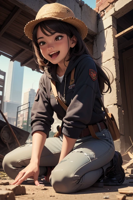 close_up of Laughing face, beggar on city ruins, street, refugee, rags, on war, intricate, (masterpiece, Representative work, official art, Professional, unity 8k wallpaper:1.3)