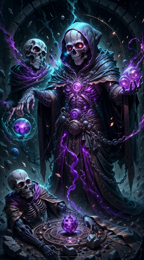 a dark runic skeleton lich, black gold skeleton, magical void energy, glowing eyes, death lightning, death energy ball floating on it's hand, casting a spell, energy cracking, bone hand, dressed in a luxury cloak, astral skulls floating around, earth and rock floating with energy as the lich hold, Detailed glowing runic line floating around, bones and skulls lays on the ground, dark purple energy, floating in the air, energy chain, magic circle on the ground,,Detailed,Realistic,4k highly detailed digital art,octane render, bioluminescent, 8K resolution concept art, realism,by Mappa studios,masterpiece,best quality,official art,illustration,ligne claire,(cool_color),perfect composition,absurdres, fantasy,focused,rule of third