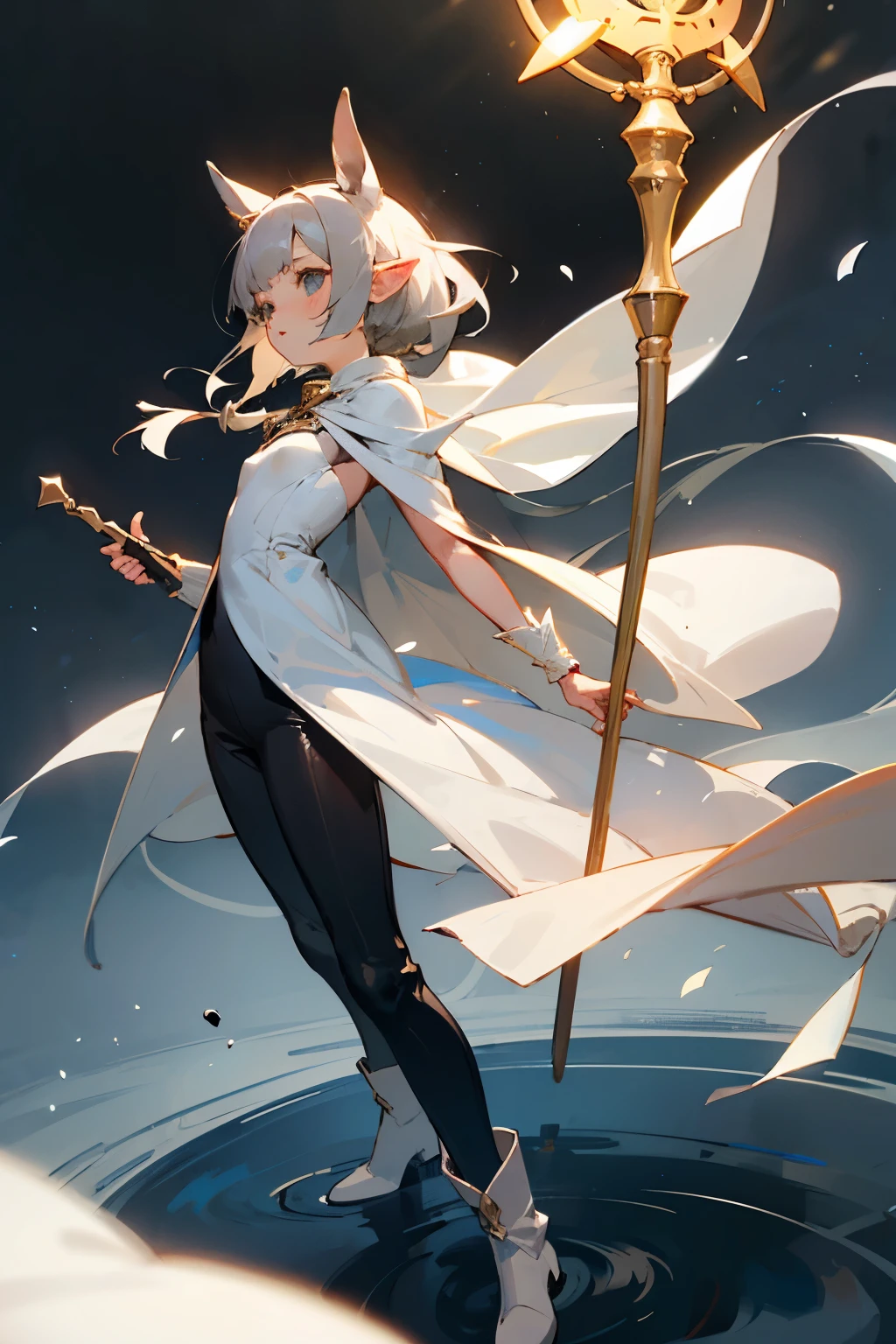 Elf Girl,ears of elf,Gray hair,dual horsetail,magestic,Magic Scepter,Cute s,white dresses,White shawl,Black pantsuit,light brown boots