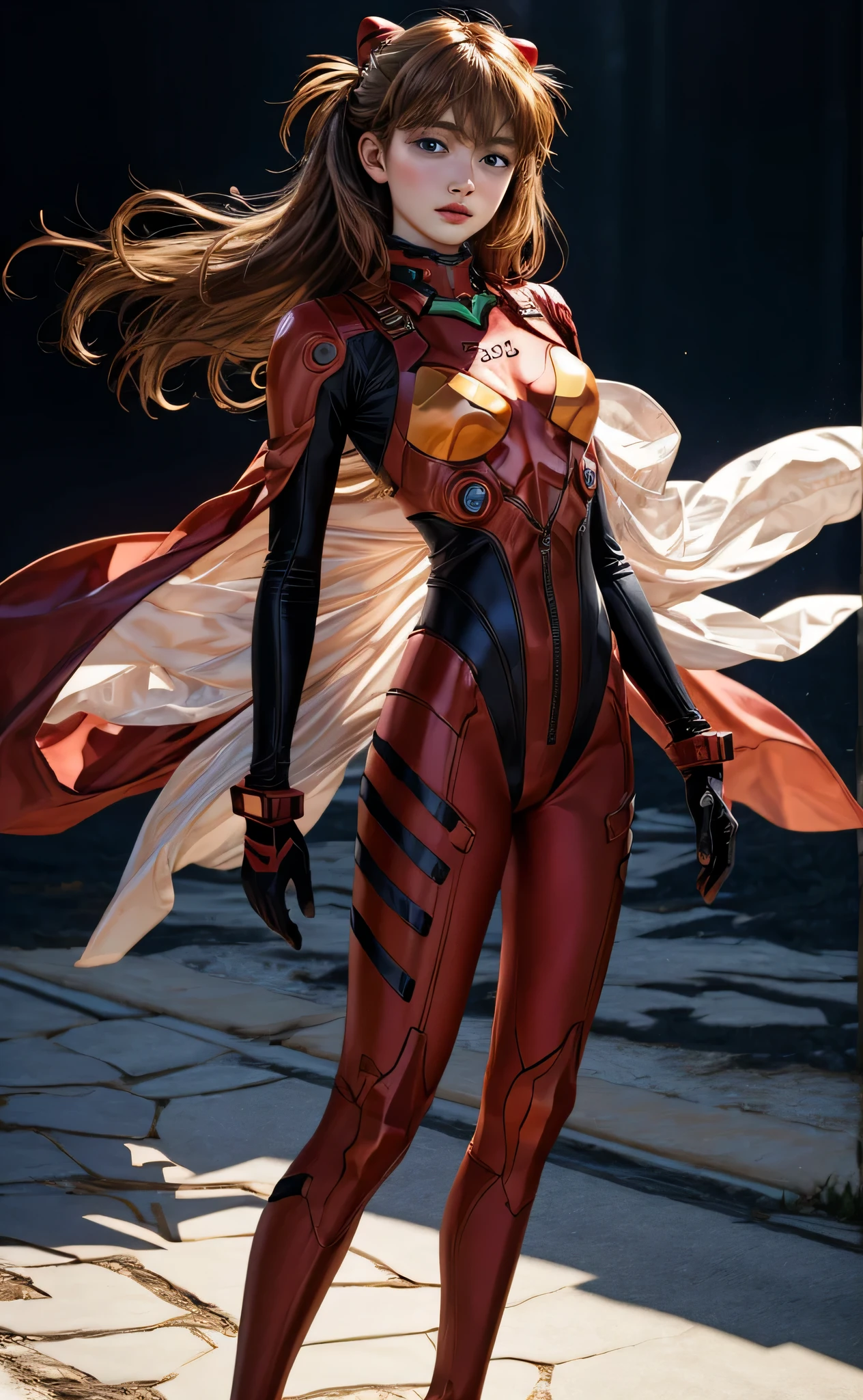 (masterpiece:1.4、top-quality)、(intricate detailes)、Unity8k wallpapers、ultra-detailliert、Beautiful and mysterious、detailedbackground、realisitic、独奏、Perfectly detailed face、Detailed blue eyes、ighly detailed、red blush、hair adornments、Chignon mahogany hair、(blonde hair)、Plug Suit 02,Shikinami Asuka Langley、evangerion、Slender girl、full body suits、black backgrounds、On the waist、Dynamic Pose、Dynamic angles、