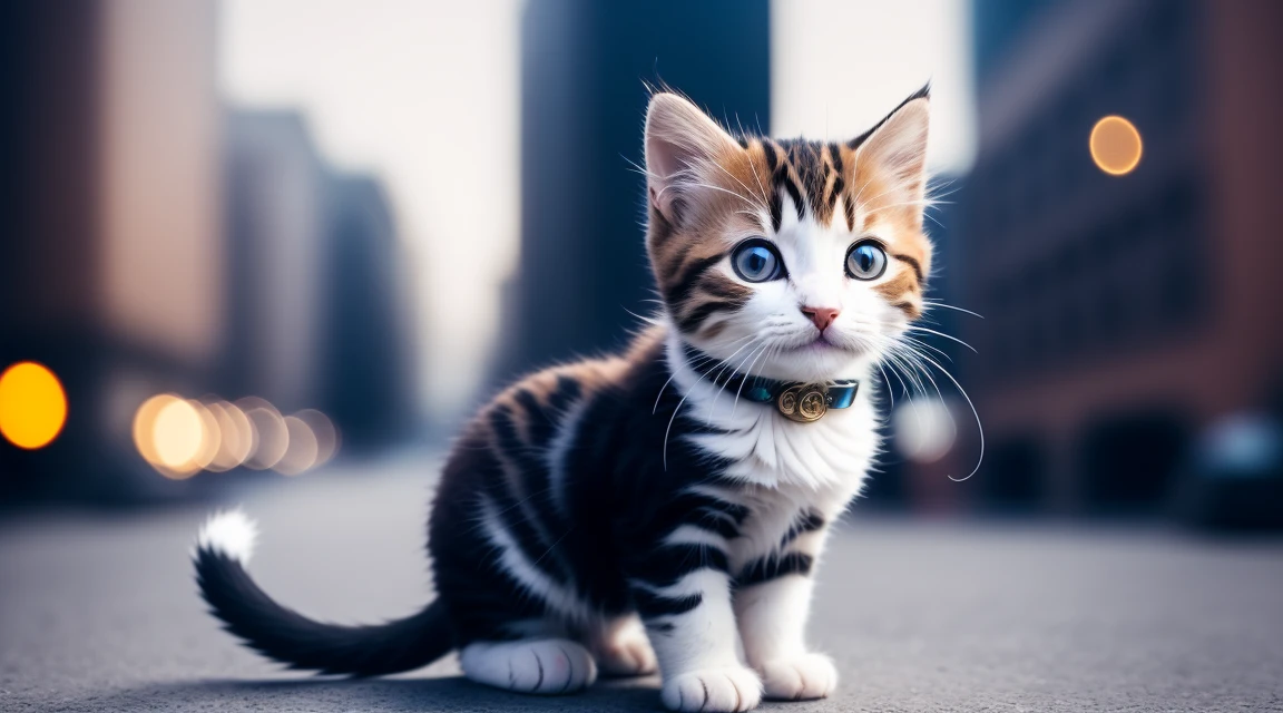 Christmas Time,a cute kitten made out of metal, (cyborg:1.1), ([tail | detailed wire]:1.3), (intricate details), hdr, (intricate details, hyperdetailed:1.2), cinematic shot, vignette, centered,Old Modern City Background,UHD