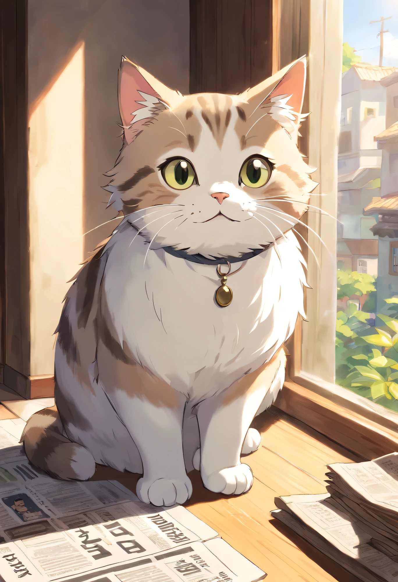 Cute cat with round eyes,Read the newspaper, Sunlight shines in through the windows,Black and white tabby cat,Lazy,Love to be coquettish,On your stomach,squinty eyes,The softness of the front of this kitten
