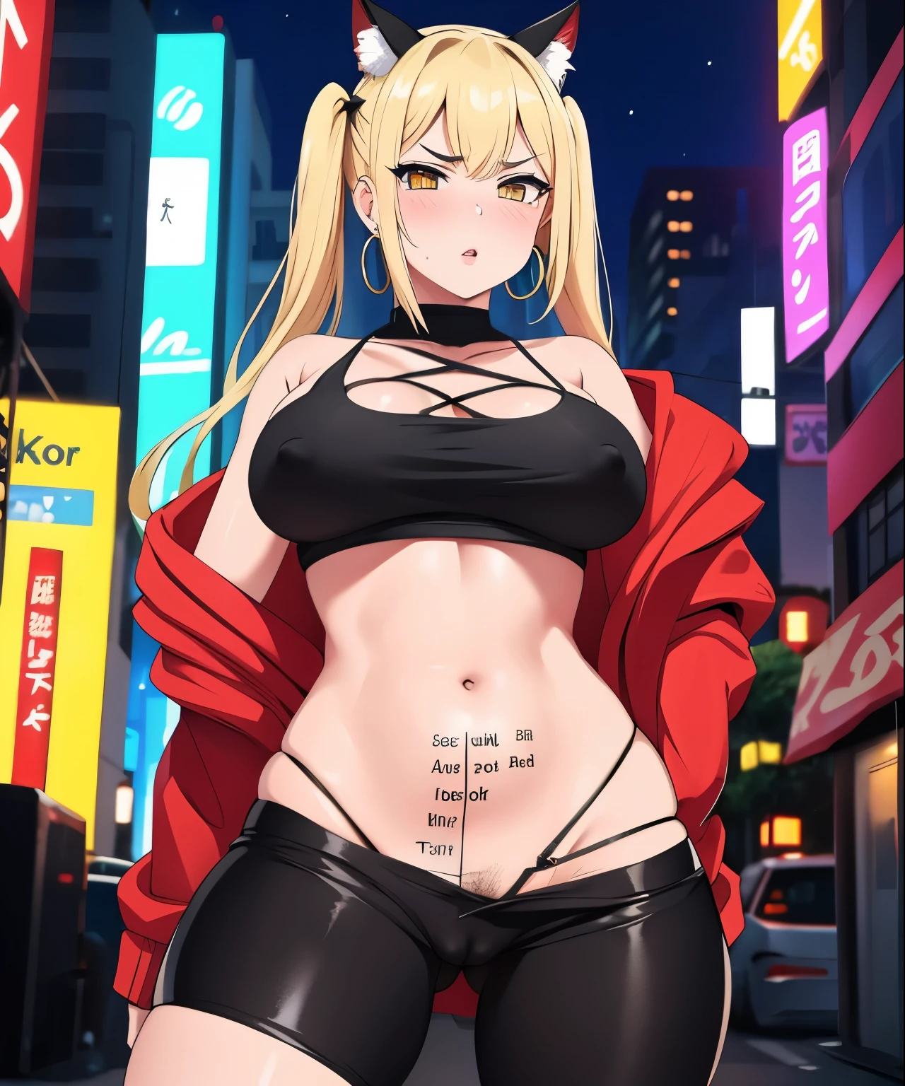 1girl,  (((bimbo))),hoop earrings, big puffy lips, painted lips, thick lips. 
Blonde hair, short twintails, grumpy, wide hips, thick thighs, perky breasts, bursting breasts, Nightlife, Night city, Cyberpunk city, futuristic cityscape. Neon lights, (skyscraper:1.1), Tokyo tower, palm tree, cloth sign, ramen stall, night club. bright city lights, exotic car. alcohol, bar, ramen, soup stall ,alcohol bottles, stomach blush, overflowing breasts, rounded stomach, pubic tattoo, word underbelly tattoo, cameltoe, gym shorts, sexy dolphin shorts, low hanging shorts, slutty yellow jacket, vagina liquid running down between thighs, no panties, pussy juice in between thighs, legs slightly apart, ruler tattoo, ruler tattoo with heart on top, pants fly open, covered nipples, hearts around stomach, hearts on groin