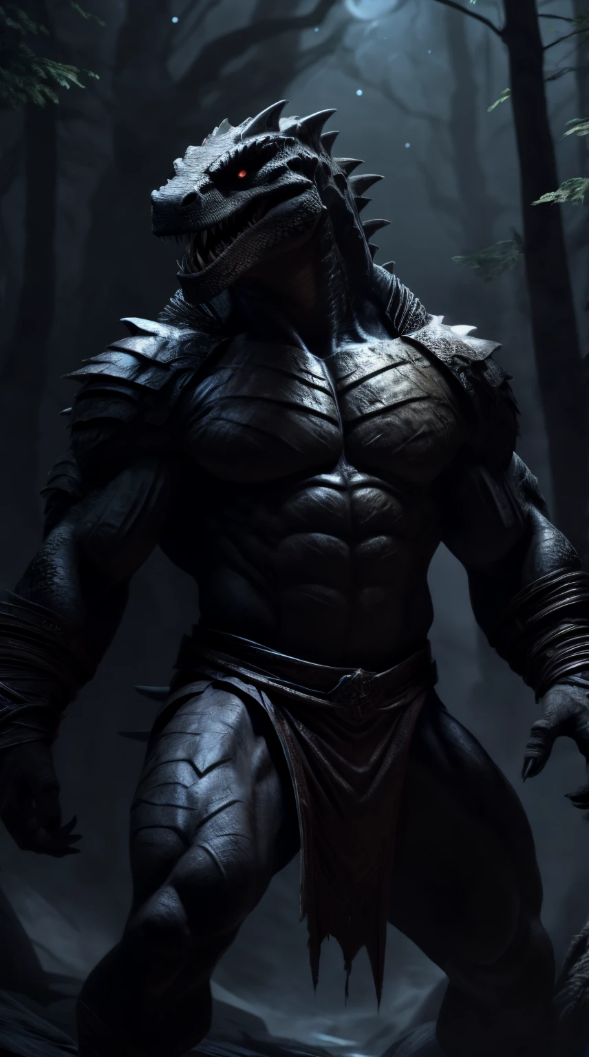 lizard man, ready to fight, barbarian armor, loincloth, black body, open mouth, dark forest background, threatening, stands menacingly, full body, raptor like legs, proporcional muscular arms, big reptile tail muscular, illustration, (best quality, 4k, highres, masterpiece:1.2), ultra-detailed, realistic, horror, sharp focus, vivid colors, nighttime lighting