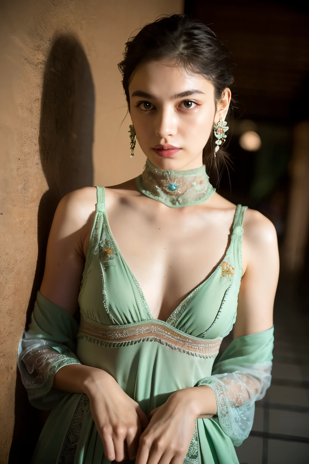 (masterpiece, best quality:1.2), 1girl, solo, professional lightings, cinematic lightings, 8k wallpaper, ultra realistic portrait of chichi, dragonball, chichi_dbz, older ChiChi, mature, Milf, (green, ultra realistic sheer leaf tanktop, ultra detailed sheer leaf tanktop earrings, bangle, bracelet, ultra realistic & detailed sexy string panties, visible nipples under sheer leaf tank top:1.1), bare foots, detailed face, detailed eyes, highres, detailed skin texture, ultra slim waist, perfect slim body style, black hair, (dango hair:1.15, parted 2 long bangs:1.15), big eyes, double eyelids, (((ultra huge breasts, ultra huge tits, ultra huge boob, ultra huge cleavages))), ((ultra realistic mature older face, ultra detailed mature older face, ultra realistic wrinkles on face and eyes, ultra detailed wrinkles on face and eyes)), (in living room, view palms tree via window:1.1, ocean and beach view via window:1.2, glass short table, wooden floor, house plants, small & narrow island), exposed realistic shaved armpits, disclosed detailed shaved armpits, zoom up angle, close up angle, looking at viewer, lay down on your back, on bed, spread legs to viewer, (nsfw:1.3),