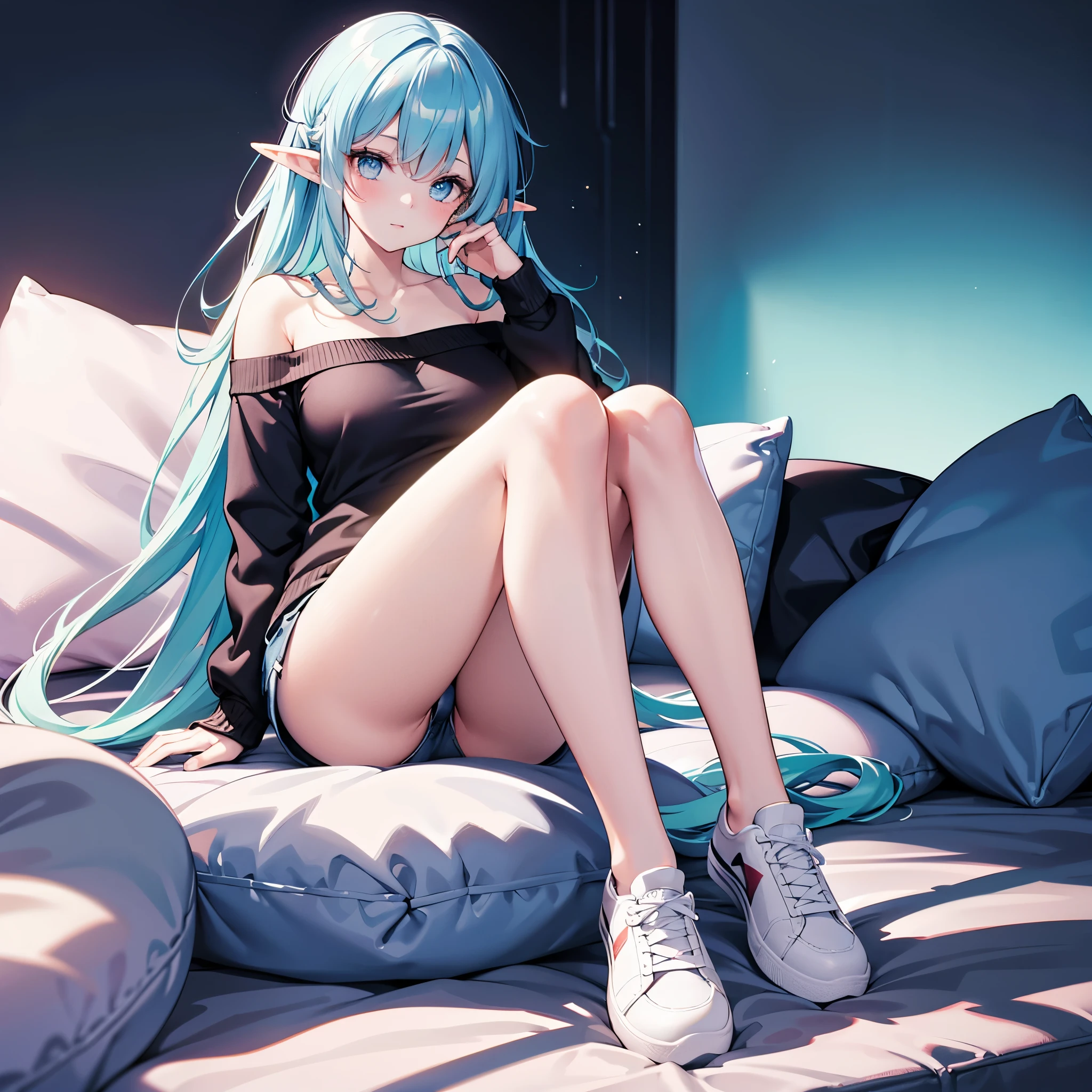 Detail image, realistic image, 1 elf. She has medium-long light blue hair which has strands of hair hanging over the right side of her face, large blue eyes and a delicate oval face, small breasts and a curvy figure. She is wearing an off-shoulder sweater and shorts, sneakers. seated. Full body view. Black background, Uniform background. Ambient light. Volumetric Light
