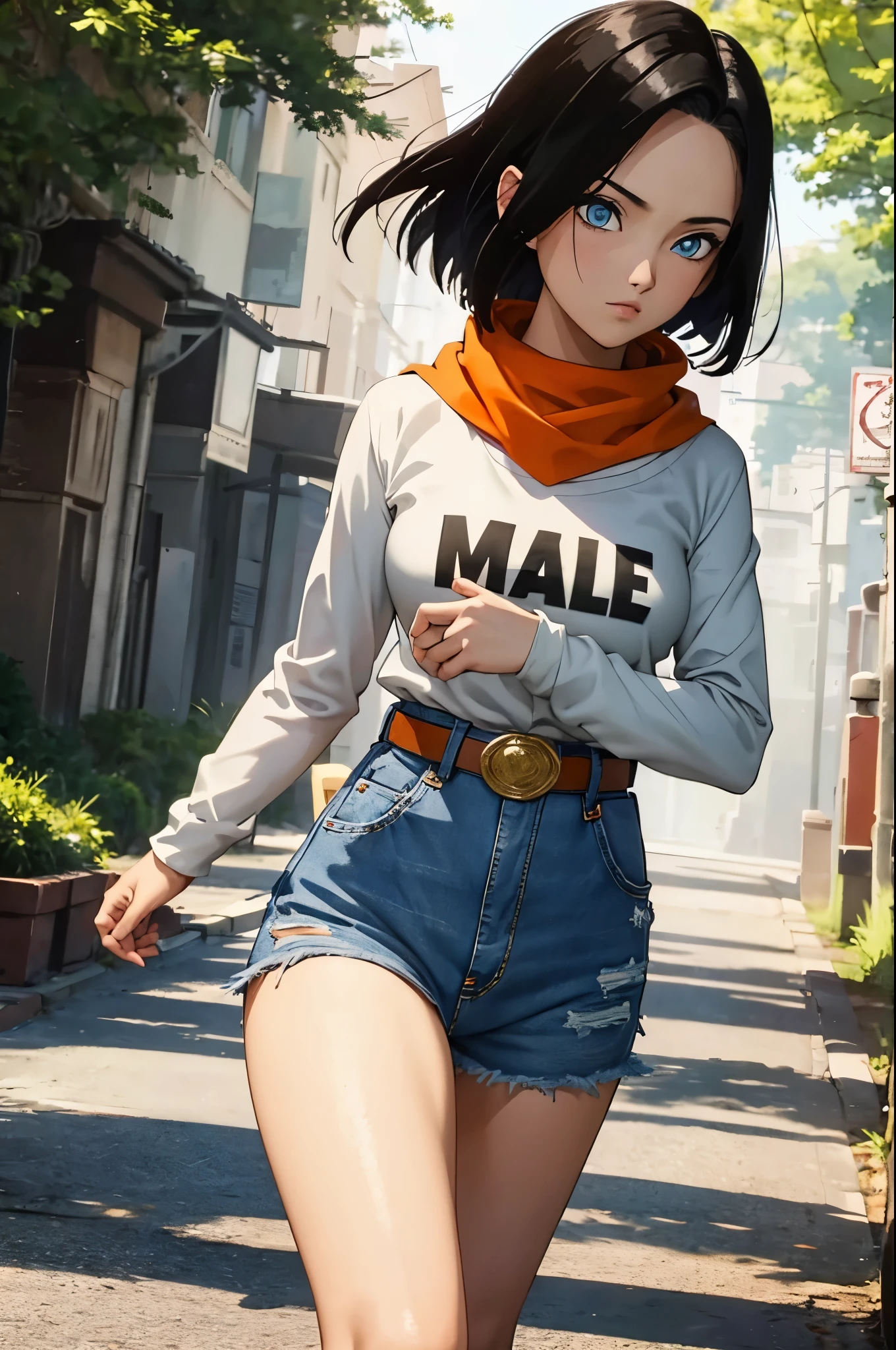 (masterpiece), best quality, expressive eyes, perfect face, highres, 1 girl, solo, android 17 girl, (female body:1.3), blue eyes, black hair,parted hair,short hair, black shirt, jeans, layered shirt, white sleeves,orange bandana, blue sneakers, green socks, brown belt, red patch, outdoor, landscape, standing, portrait, looking at the viewer