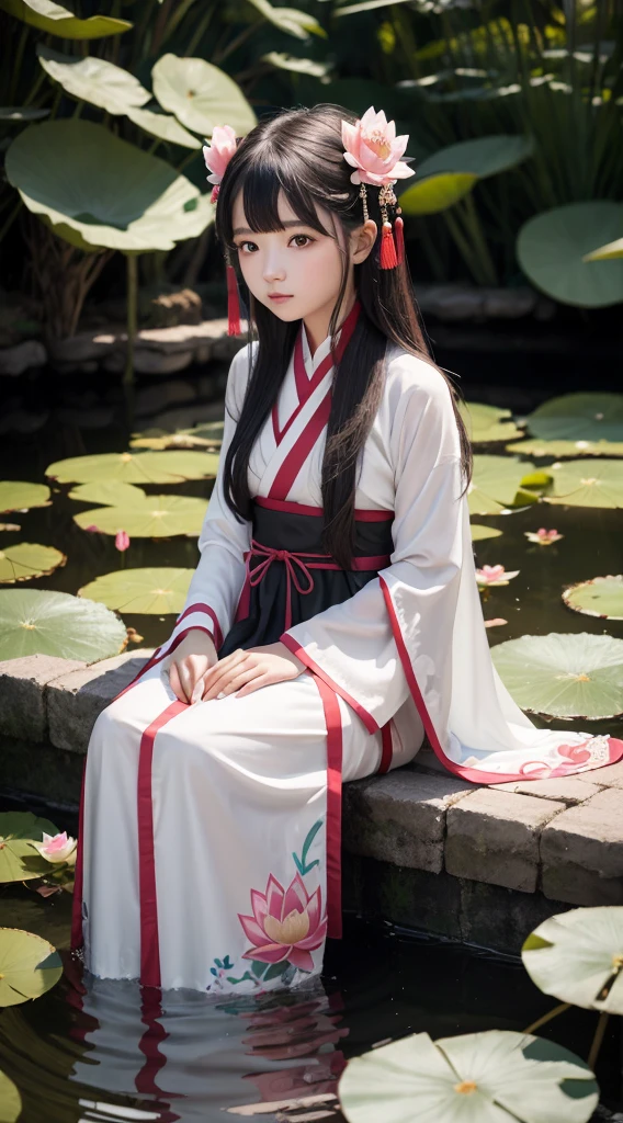 absurdos, Altas, ultra detalhado, (1girl:1.3), Hand drawn, linha simples, girl in colorful Chinese Hanfu, meni orelhas de raposa, In the lotus pond, master part, sitting in the water, roupas flutuantes, cabelos flutuantes
