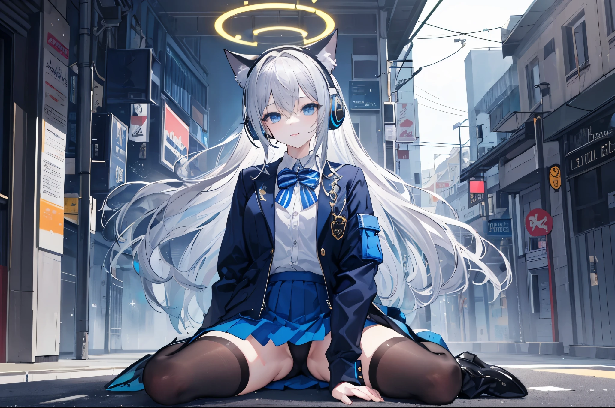 ((Best quality at best)), ((tmasterpiece)), (detailed), s the perfect face,The is very detailed,tmasterpiece,Best quality at best,offcial art,extremely detaild的 CG unified 8k wallpapers,Dynamic eyes, delicate full body portrait, solo person, girls, Trendy style, Long silver-gray hair, Long hair shoulder length, Futuristic blue halo on head, ((sat on the ground)), Face the lens, (M open legs:1.1), futuristic clothing, Mechanical, ((Dark blue skirt with bright blue lace)), ((Black jacket with blue stripes)), JK skirt, With cat ear headphones on the head, ssmile, The background is the city street, ((watered eyeright eyes