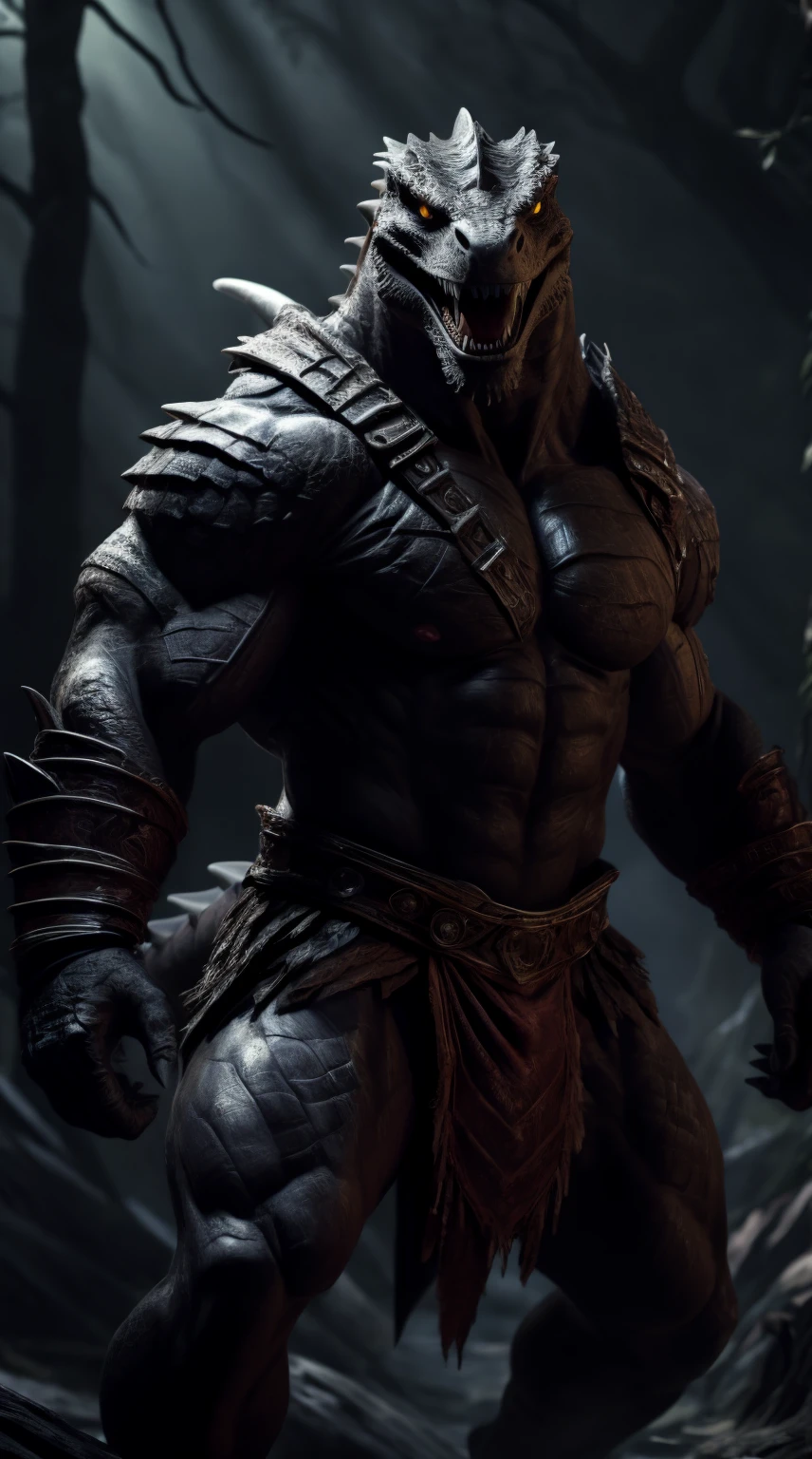 lizard man, ready to fight, barbarian armor, loincloth, black body, open mouth, dark forest background, threatening, stands menacingly, full body, raptor like legs, proporcional muscular arms, big reptile tail muscular, illustration, (best quality, 4k, highres, masterpiece:1.2), ultra-detailed, realistic, horror, sharp focus, vivid colors, daytime lighting