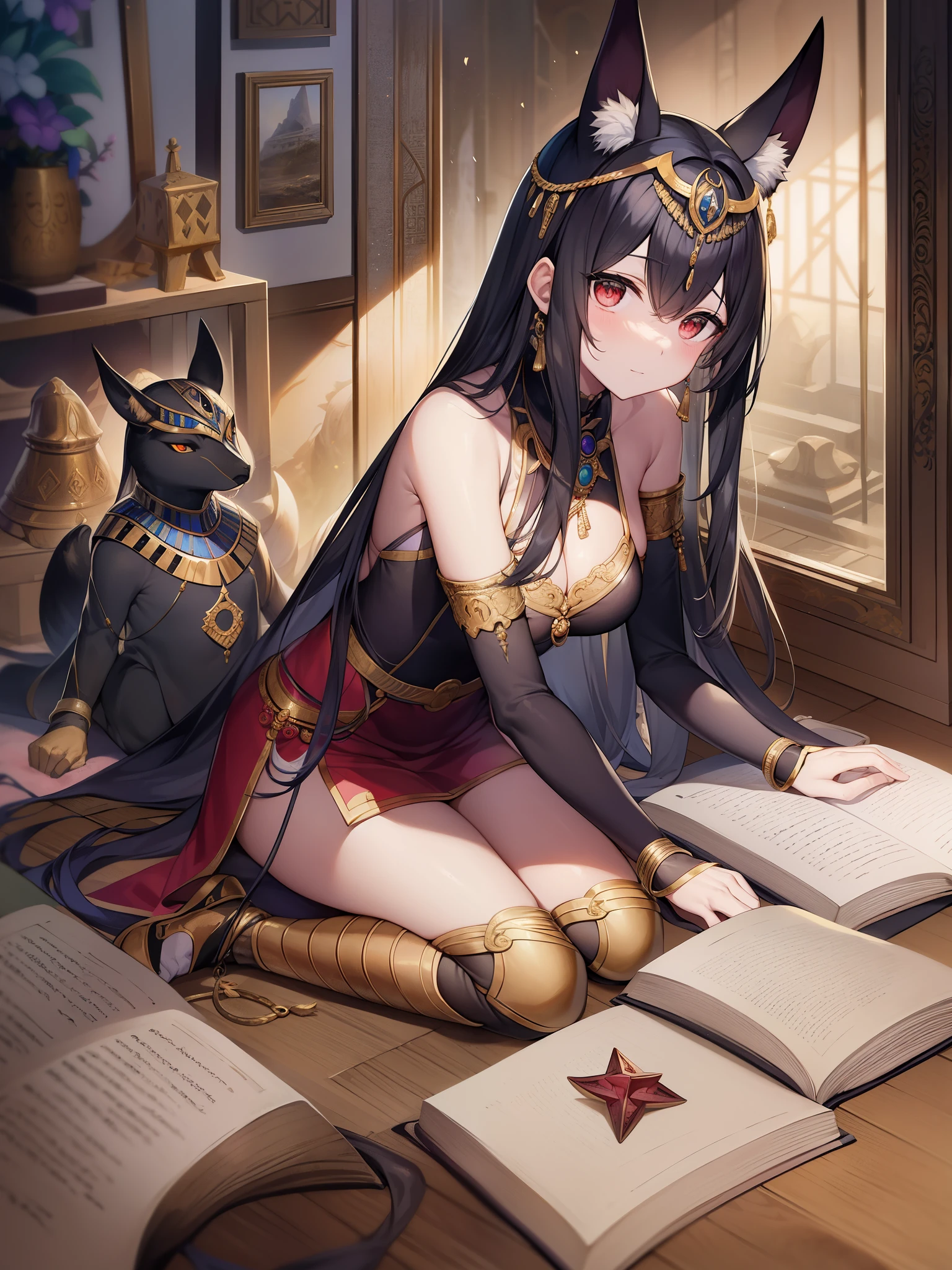 top-quality、Masterpiece、detaileds、Egyptian mythology、Pyramids、Brown skinのAnubis神、black jackal、((Brown skin))++、((Brown skin))++、God of the Underworld、Anubis(Anubis, Egyptian latin transcription:inpu, Ancient Greek: Ἄνουβις (Ánūbis)、Anubis)ha、Egyptian mythologyに登場する冥界の神で、Guardian of Lycopolis。「master of the sacred place」(nb-ta-djsr)、「those who live in their own mountains」(tpi-dju=f)、「person who wraps a mummy in cloth」(imiut)have nicknames such as。Anubisha、Nephthys, Seth's wife and sister(This goddess is also closely associated with the dead and mummies.)was conceived as a result of an affair with her brother Osiris.、セトが敵視していたオシリスの子であるから誕生後haすぐにネフティスによって葦の茂みに隠された。 オシリスがセトに殺された時haオシリスの遺体に防腐処理を施してミイラにしたとされ、そのためAnubishaミイラ作りの監督官とされ、実際にミイラを作ったり死者を冥界へと導く祝詞をあげたりする際にAnubisの仮面を被って作業が行われた(このミイラ製造に携わる仮面をかぶった職人ないし神官haストゥムと呼ばれた)。ひいてha医学の神ともされている。another dead human soul(bars)It is said that his feet are very fast in order to quickly carry the body to the underworld.。 Also ruled the underworld before Osiris became the king of the underworld Aal.、Even after Osiris became the king of the underworld, he assisted him and was responsible for weighing the sins of the dead using the Scales of Ra.、その様子ha『book of the dead』and painted on the walls of tombs, etc.。