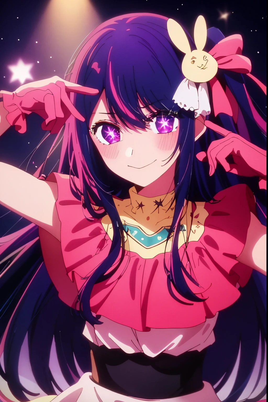 masterpiece、ighly detailed、(1 girl in:1.2)、purple color hair、pink dressiguay、a closeup、Naughty smile、8K 、Ai Hoshino、Live performance venue、star eyes