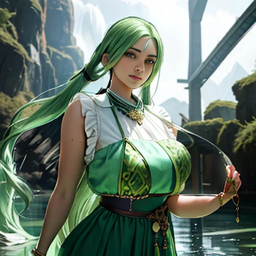(masterpiece), (extremely intricate:1.3), (realistic), add_detail:1, female goblin, small, short, cute, light green dirty skin, long pointy ears, Her long green hair is tied back into a ponytail,, bright green eyes, green button blouse, and tan pants, holding her arms out to her side
