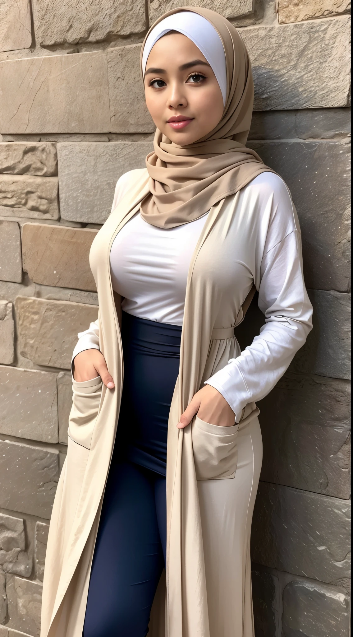 ( Close Up ),RAW, Best quality, high resolution, masterpiece: 1.3), Beautiful Malay woman in hijab,Perfect work, perfect fit body, ((Big breasts)), beautiful big eyes, Soft smile,beautiful face,mouth slightly open, thick thighs, shapely buttocks, woman wearing plaid dress and shawl standing in front of wall, long dress with apron, tartan dress, cloth style, leggings, dresses and cloth, famous clothes, 2023 style clothes, thobe dress, Smooth turtleneck, Lighting excellent, Bright colors, Clean lines