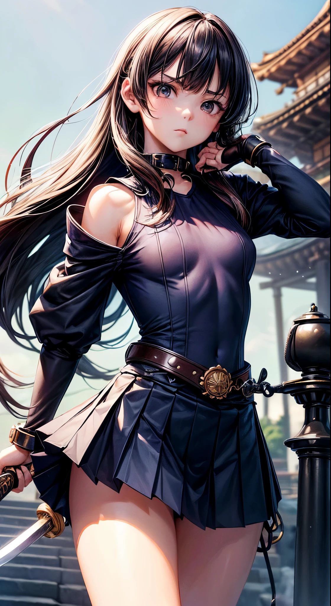 (Official art、Best Quality、Unity 8k Wallpapers、32K、 masterpiece、ultra-detailliert、High resolution,Perfect Anatomy),(natural soft light:1.2),Detailed beautiful face and eyes,cowboy shot,(focus 1woman,solo),25-years old、Adult beauties、japanes,swordsmen、 (black hair,long hair,blunt bangs,black eyes),serious facial expression,((smaller head:1.4,ideal ratio body proportions:1.5,skinny:1.2,tiny breasts)),(navy blue collar:1.3,Navy pleated mini skirt:1.3)、battle posture、dynamicposes、Fight with Japan swords、precisely drawn sword、Combat boots、steam  punk:1.2,