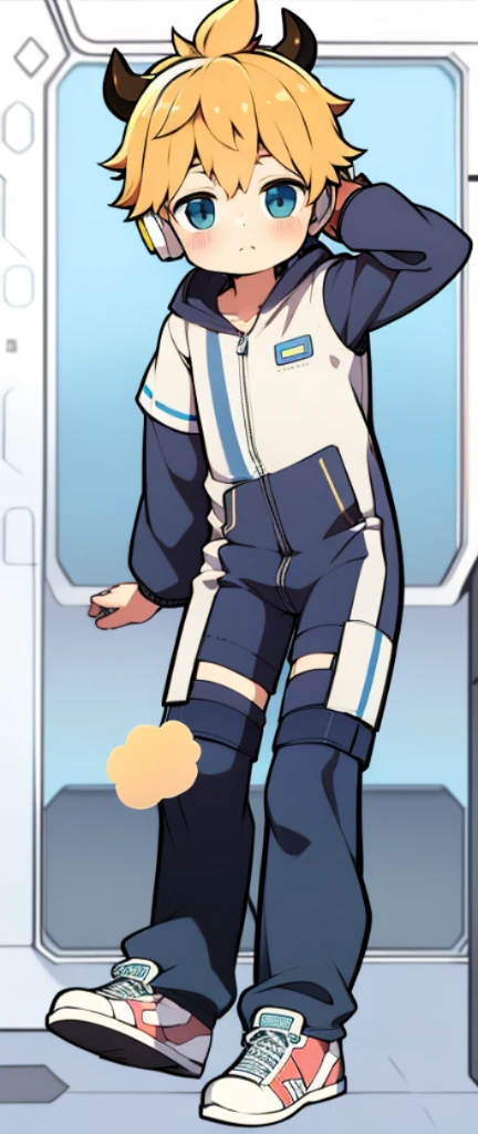Two-dimensional boy Shota,Jumpsuits,Wear the headphones on your head,Stood up,protective goggles,cow horn,Cow ears,athletic sneakers