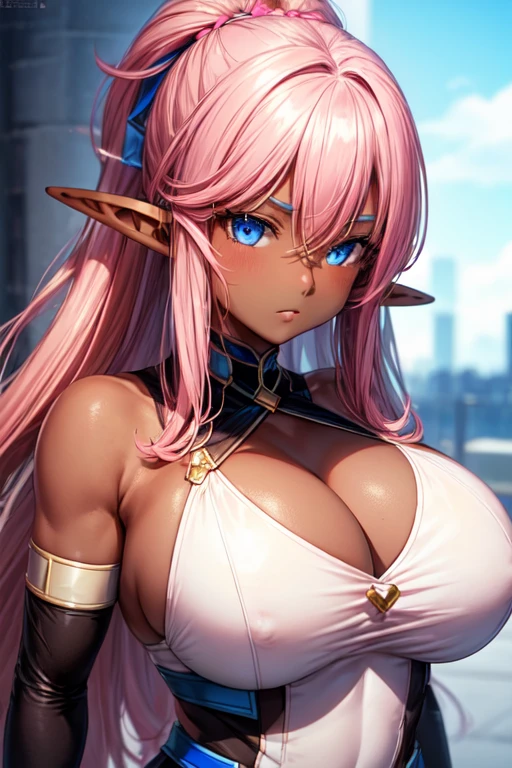 ((Elf Woman)), ((((Dark Skin)))), (((Pink hair))), ((blue Eyes)), ((bulky body)), (((big breasts))), ((long hair))