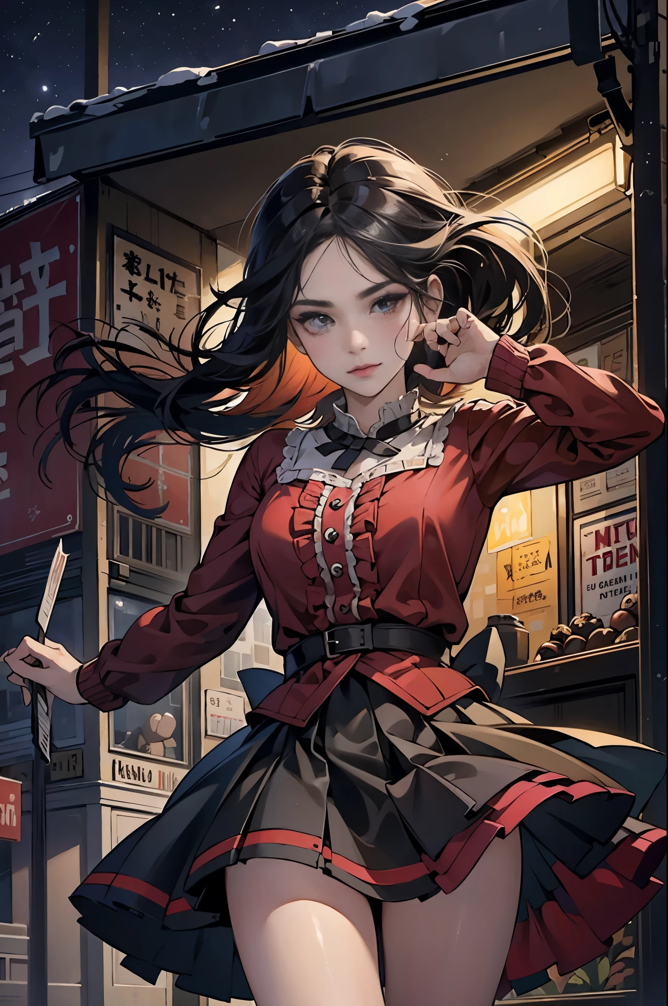 ((looking at the camera in:1.2)),(nearing perfection:1.4),dynamic,smooth private parts,Focus sharp,Lighting,Vibrant brushstrokes, bold colour,Be expressive, Emotional, offcial art,Unity8k wallpaper,ultra - detailed,Beautiful and beautiful,tmasterpiece,Best quality at best,1 girl,The content is very detailed,dynamic,(Ruffled skirt),(medium:1.3),Chaos in its most beautiful form,Elegant,designs,Vibrant colors,(Corner store,fleeing,the night),8k,