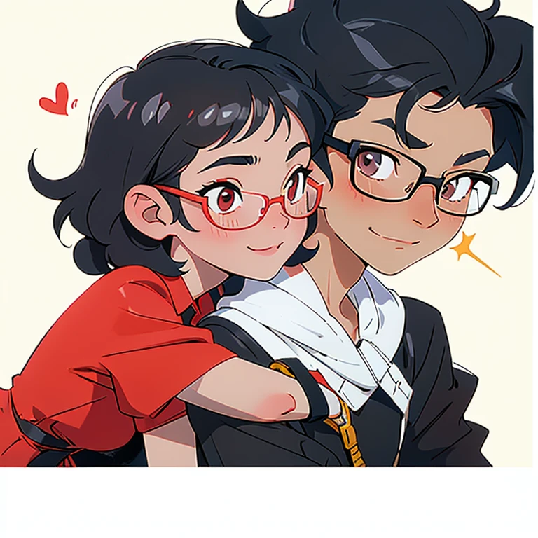Brazilian, half Asian, half Brazilian, white skin, defined body, long straight black hair, with bangs on the forehead, round glasses, wearing a red dress, with half Asian eyes, smiling, kissing her boyfriend
1boy smiling, curly hair, short hair, glasses, white skin, looking in the mirror, black and white colors, boy
nose and mouth of a black person,
small golden piercings in the ears, with side-shaved hair,
half Brazilian and half black, 18 years old, looking younger.