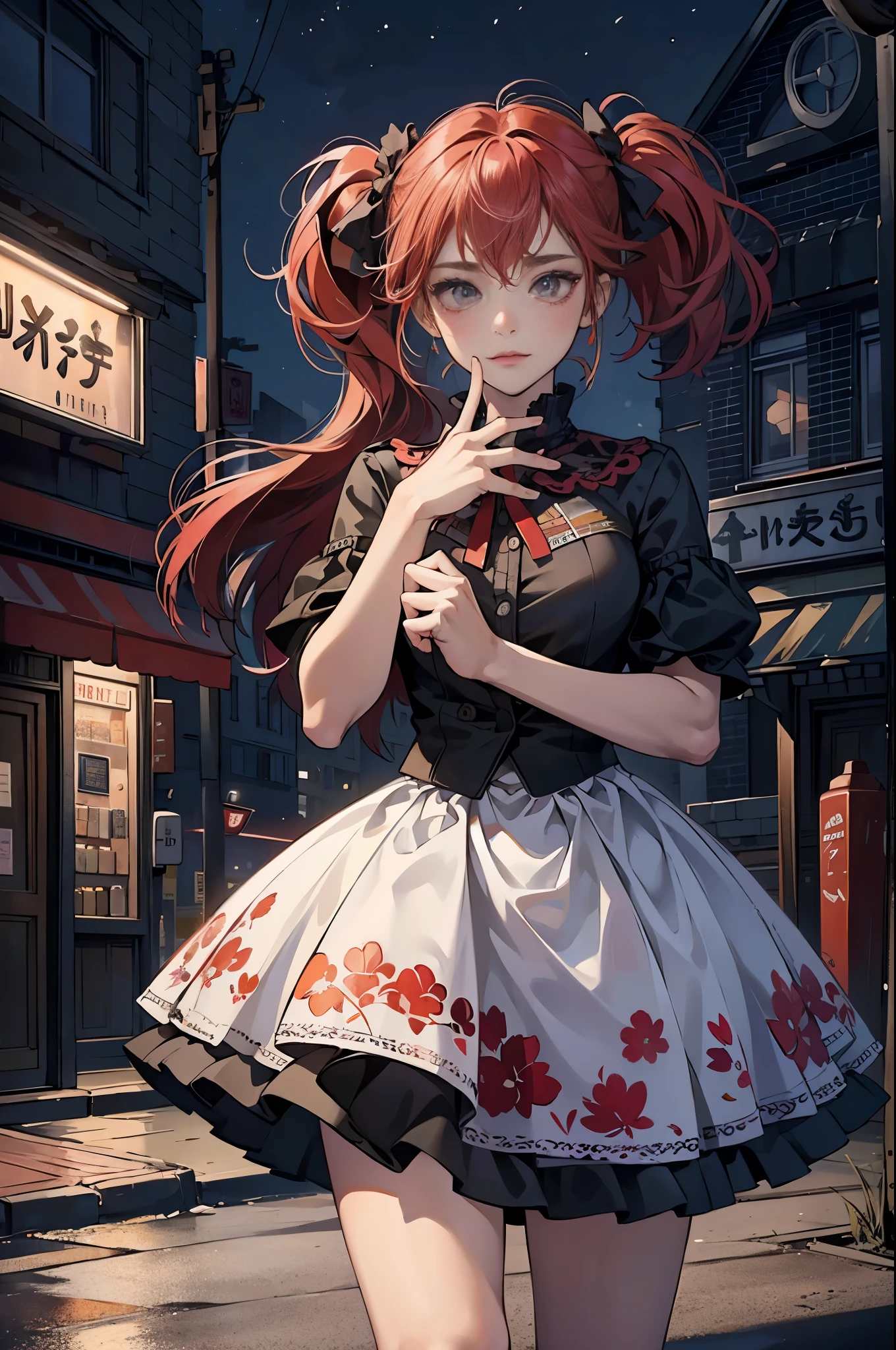 ((looking at the camera in:1.2)),(nearing perfection:1.4),dynamic,smooth private parts,Focus sharp,Lighting,Vibrant brushstrokes, bold colour,Be expressive, Emotional, offcial art,Unity8k wallpaper,ultra - detailed,Beautiful and beautiful,tmasterpiece,Best quality at best,1 girl,The content is very detailed,dynamic,(Ruffled skirt)，(medium:1.3),Chaos in its most beautiful form,Elegant,designs,Vibrant colors,(Corner store，fleeing，the night)，8k，