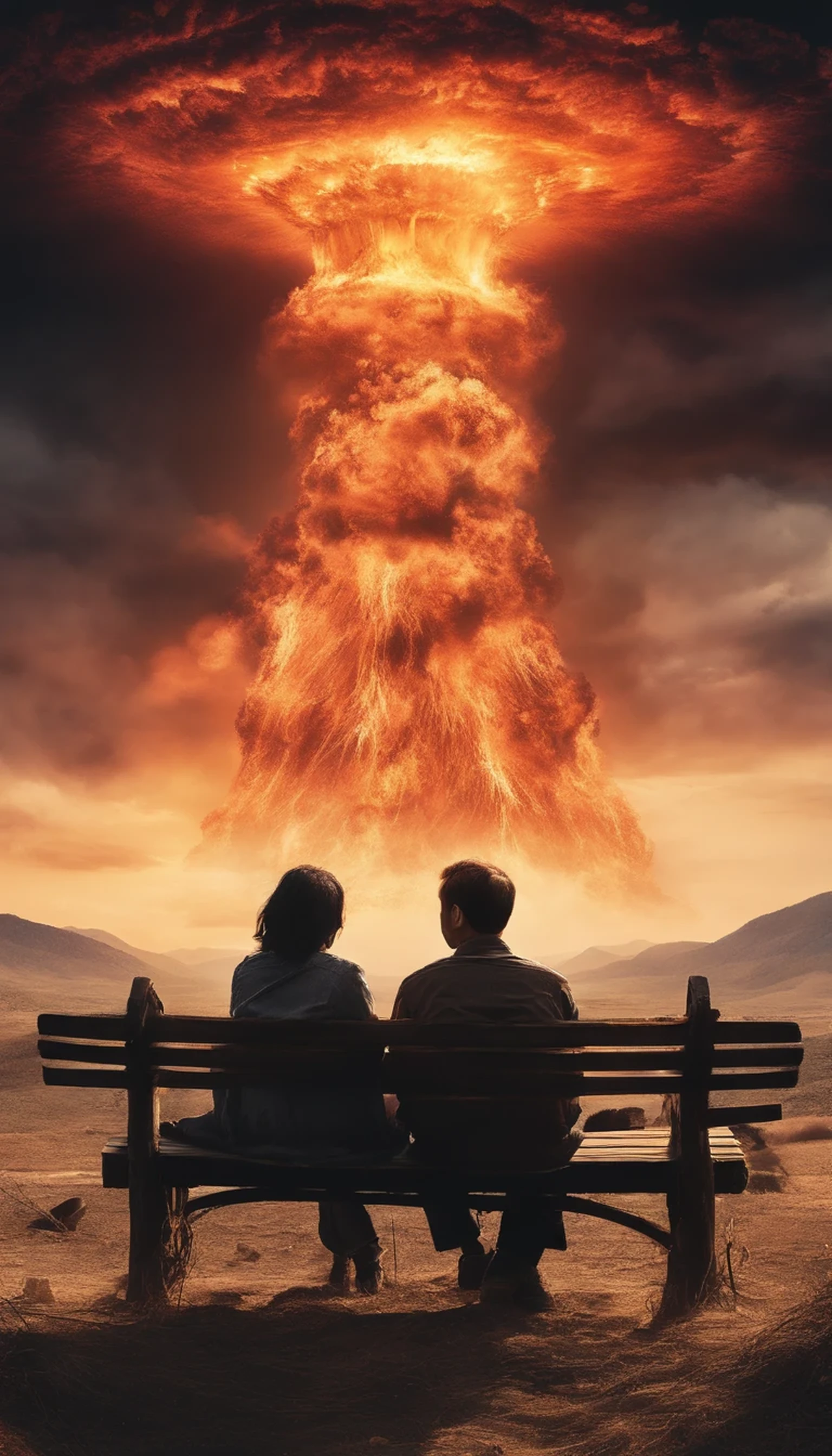 nuclear explosion behide、After a nuclear war、humanity has perished、photorealistic dark concept art, apocalyptic art, highly realistic concept art, detailed 4k horror artwork, 4Kighly detailedなデジタルアート, 4k concept art and hyperrealism, Spooky nostalgic concept art, Surreal concept art、World of Death, Reminiscent of death, the chaos、Ash is fluttering、Floating debris、World of Death、Grave marker、(Photo Real:1.4)、taken with canon 5d mk4, taken with canon eos 5 d mark iv, Shot with Canon EOA 6 D Mark II, ighly detailedな質感、ighly detailed, finely detail, ​masterpiece, top-quality, ultra-detailliert、Dust、the wind、(A man and a woman sitting close together on a bench、Witness the end of humanity)、dystopian、Verism