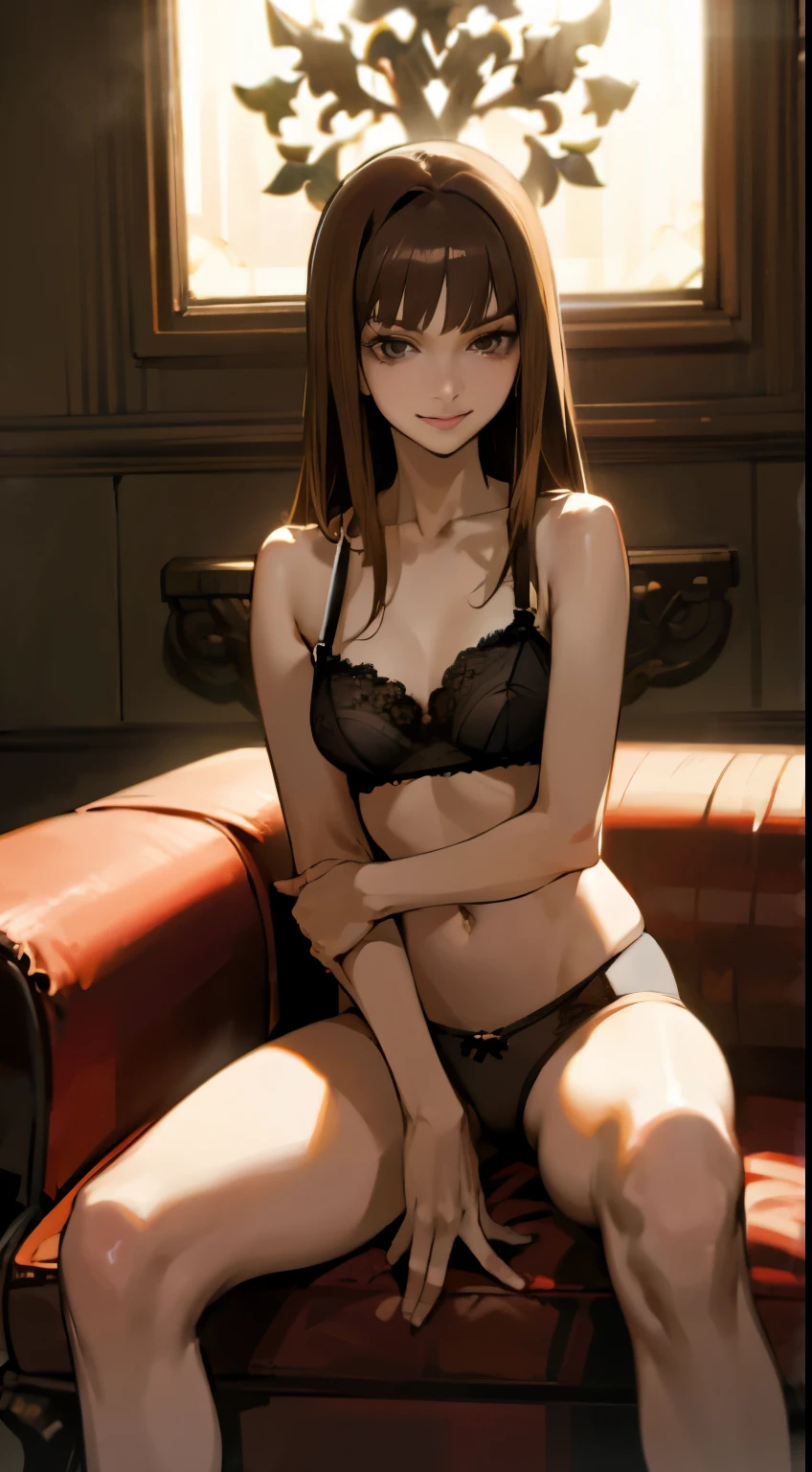 Anime style, better quality possible, perfect body brunette woman, dark brown hair, brown eyes, wearing very transparent black bra and open legs with very transparent black panties, she smile sits in sofa with her open legs, ambient living room of colonial house, open windows show night time, iluminated by candles