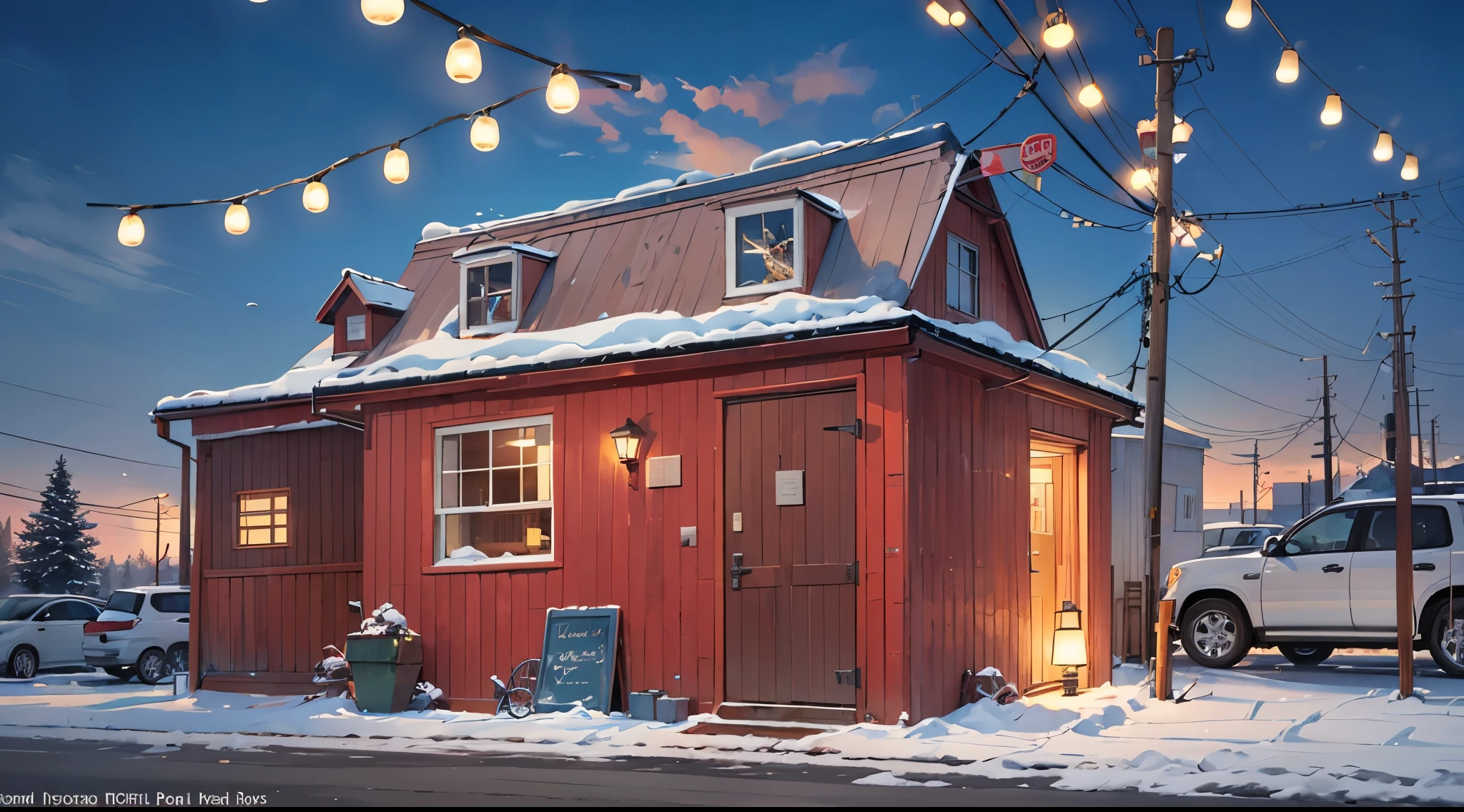 Trailer house, Christmas lights, parking lot, cars surround, cartoon-like --auto --s2
