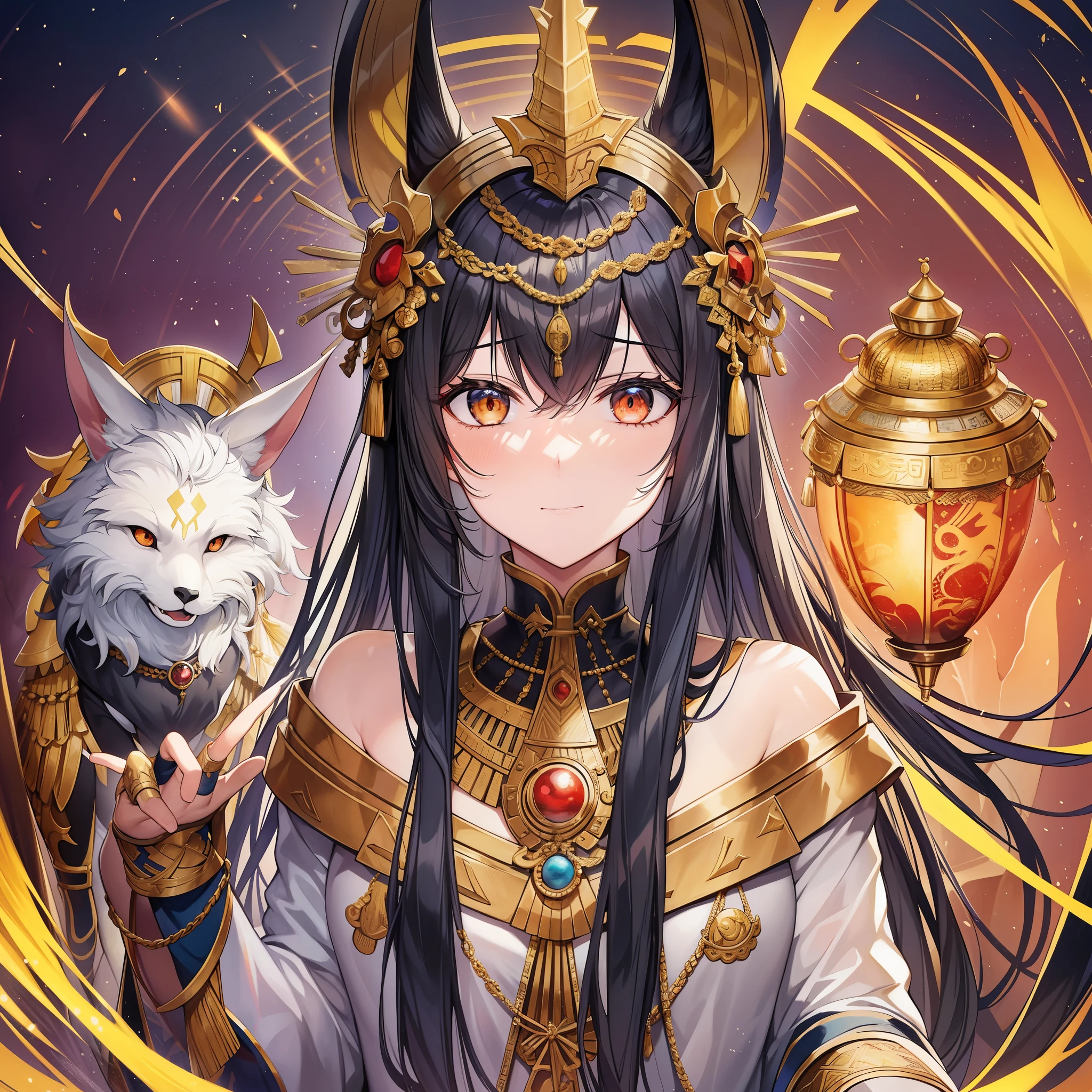 top-quality、Masterpiece、detaileds、Egyptian mythology、Pyramids、Brown skinのAnubis神、black jackal、（（Brown skin））++、（（Brown skin））++、God of the Underworld、Anubis（Anubis, Egyptian latin transcription：inpu, Ancient Greek: Ἄνουβις (Ánūbis)、Anubis）ha、Egyptian mythologyに登場する冥界の神で、Guardian of Lycopolis。「master of the sacred place」（nb-ta-djsr）、「those who live in their own mountains」（tpi-dju=f）、「person who wraps a mummy in cloth」（imiut）have nicknames such as。Anubisha、Nephthys, Seth&#39;s wife and sister（This goddess is also closely associated with the dead and mummies.）was conceived as a result of an affair with her brother Osiris.、セトが敵視していたオシリスの子であるから誕生後haすぐにネフティスによって葦の茂みに隠された。 オシリスがセトに殺された時haオシリスの遺体に防腐処理を施してミイラにしたとされ、そのためAnubishaミイラ作りの監督官とされ、実際にミイラを作ったり死者を冥界へと導く祝詞をあげたりする際にAnubisの仮面を被って作業が行われた（このミイラ製造に携わる仮面をかぶった職人ないし神官haストゥムと呼ばれた）。ひいてha医学の神ともされている。another dead human soul（bars）It is said that his feet are very fast in order to quickly carry the body to the underworld.。 Also ruled the underworld before Osiris became the king of the underworld Aal.、Even after Osiris became the king of the underworld, he assisted him and was responsible for weighing the sins of the dead using the Scales of Ra.、その様子ha『book of the dead』and painted on the walls of tombs, etc.。