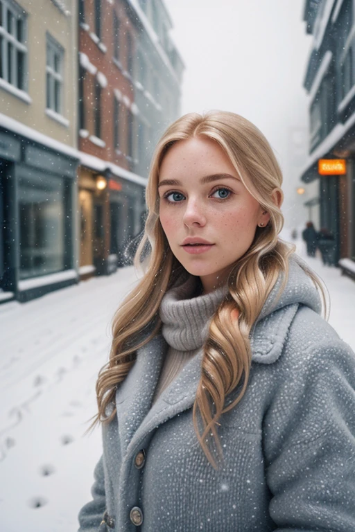 professional portrait photograph of a gorgeous Norwegian girl in winter clothing with long wavy blonde hair, sultry flirty look, (freckles), gorgeous symmetrical face, cute natural makeup, wearing elegant warm winter fashion clothing, ((standing outside in snowy city street)), stunning modern environment, ultra realistic, concept art, elegant, highly detailed, intricate, sharp focus, depth of field, f/1. 8, 85mm, medium shot, mid shot, (((professionally color graded))), bright soft diffused light, (volumetric fog), trending on instagram, hdr 4k, 8k. Naked