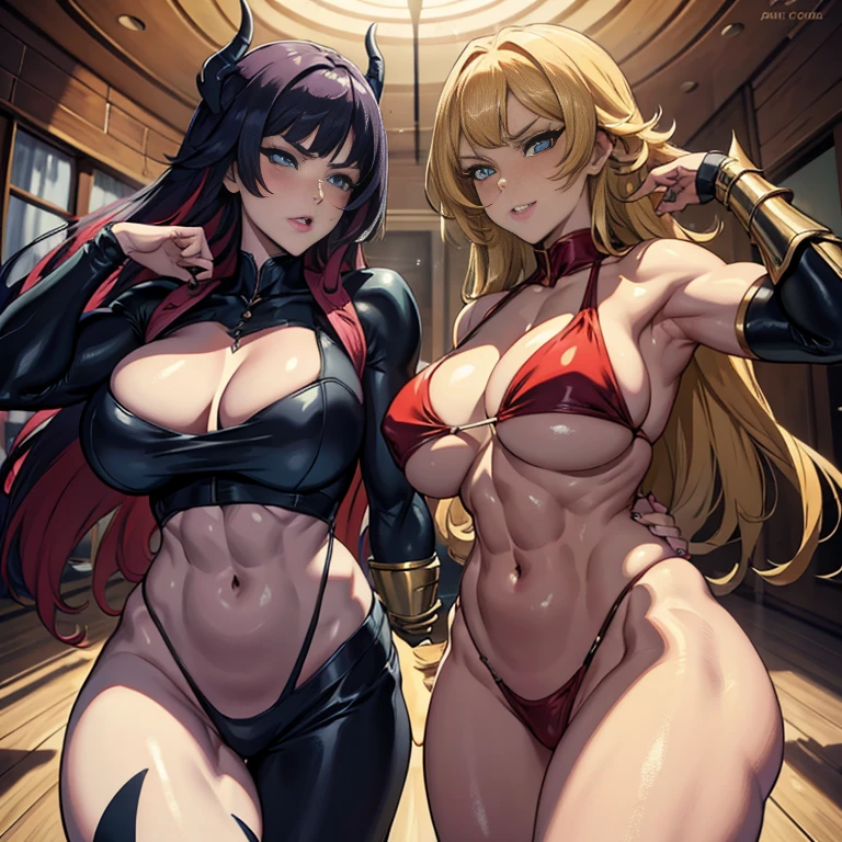 ((2 women)), (2 Devil women), (high resolution), (high res), great quality, 2 mature women, very angry face, long fangs, ((seductive facial expressions)), diamond face, perfect eyes, (devil tail), (devil wings), strong shadows, detailed face, sparks, gargolyes background, (hell), (both smiling), ((seductive poses)), detailed abs, scars, shinying eyes, long claws, (masterpiece), direct light, underlight, strong jaw, (large boobs), (devilish looks), (armor), massive ass, thick thighs, long torso, wide waist, skinny torso, fit, perfect face, (skimpy armor), (colorful vibrant light), sexy, (blushing),