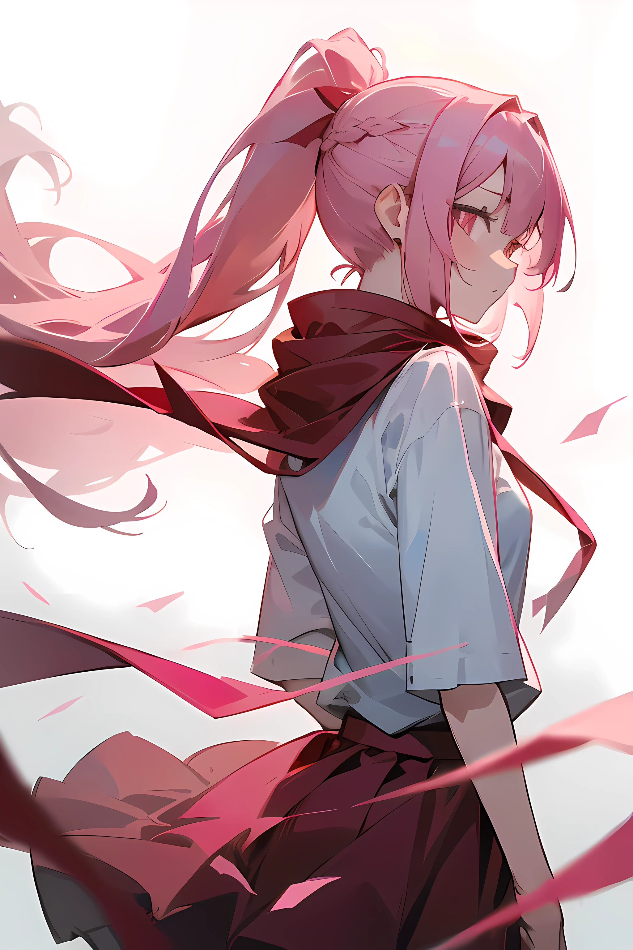1girl, long pink hair, ponytail, pink eyes, plain white shirt, red skirt, wearing red ribbon as a scarf, sad, floating, Looking back, facing away from viewer, white background, absurdres, high res, ultrasharp, 8k, masterpiece