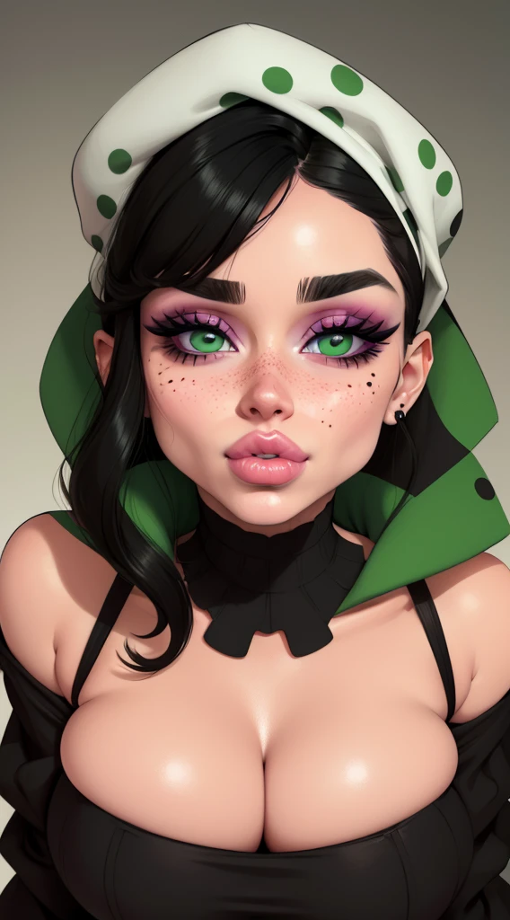 Cara de mujer, piel blanca rosada con pecas, ojos grandes y rasgados color verde, lined eyes and makeup eyelids, small-nose, labios gruesos color rojo, mejillas delgadas con hoyos, large cheekbones, defined chin with chin dimple, cabello corto color negro