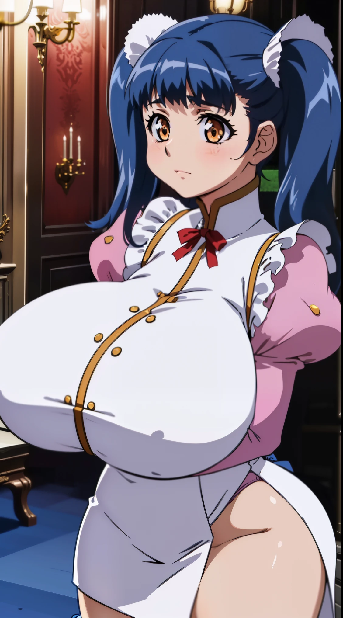 1girl in,1boy,(Everyday clothes,Red ribbons,pink sleeves,桃色skirt by the;1.4),(Dressing:1.3),(skirt by the:1),(Huge breasts:1.3),Twin-tailed、Blue hair、white frills、Orange Eyes