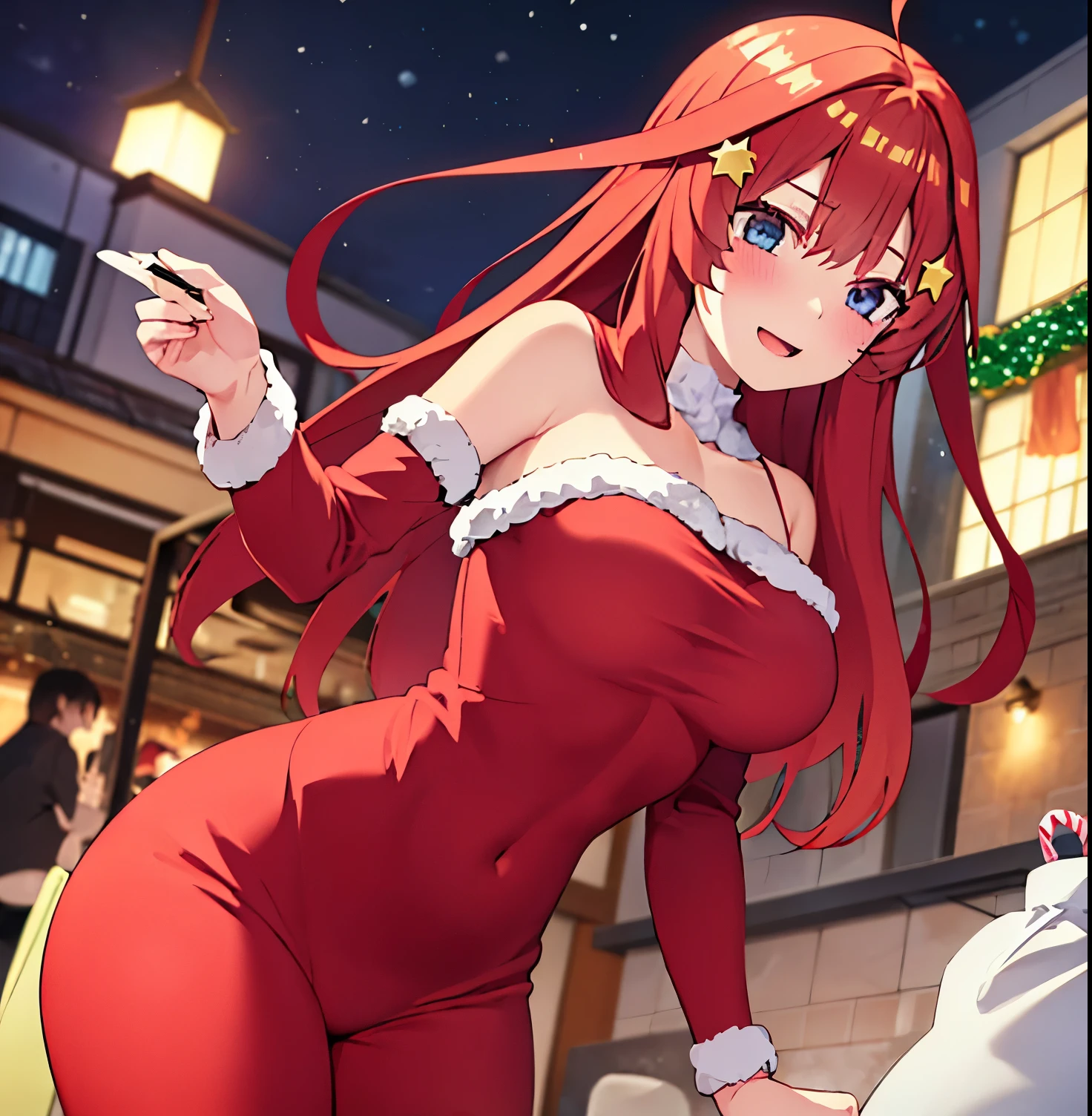 Itsukinakano, Itsuki nakano, bangs, blue eyes, hair between the eyes, Ahoge, Red hair, star \(symbol\), hair ornament, star hair ornament, red Santa Claus suit with white details, neckline, hat red Santa Claus with white details, white socks, outdoors, street decorated with Christmas lights, standing, REST looking at viewer, (Cowboy shot), BREAK, (Masterpiece), Best quality, high resolution, Unit 8K Wallpaper, (illustration), (beautiful and detailed eyes extremely detailed face, perfect lighting, extremely detailed CG, (Perfect Hands, Perfect Anatomy), large breasts, medium waist, wide hips, wide thighs,