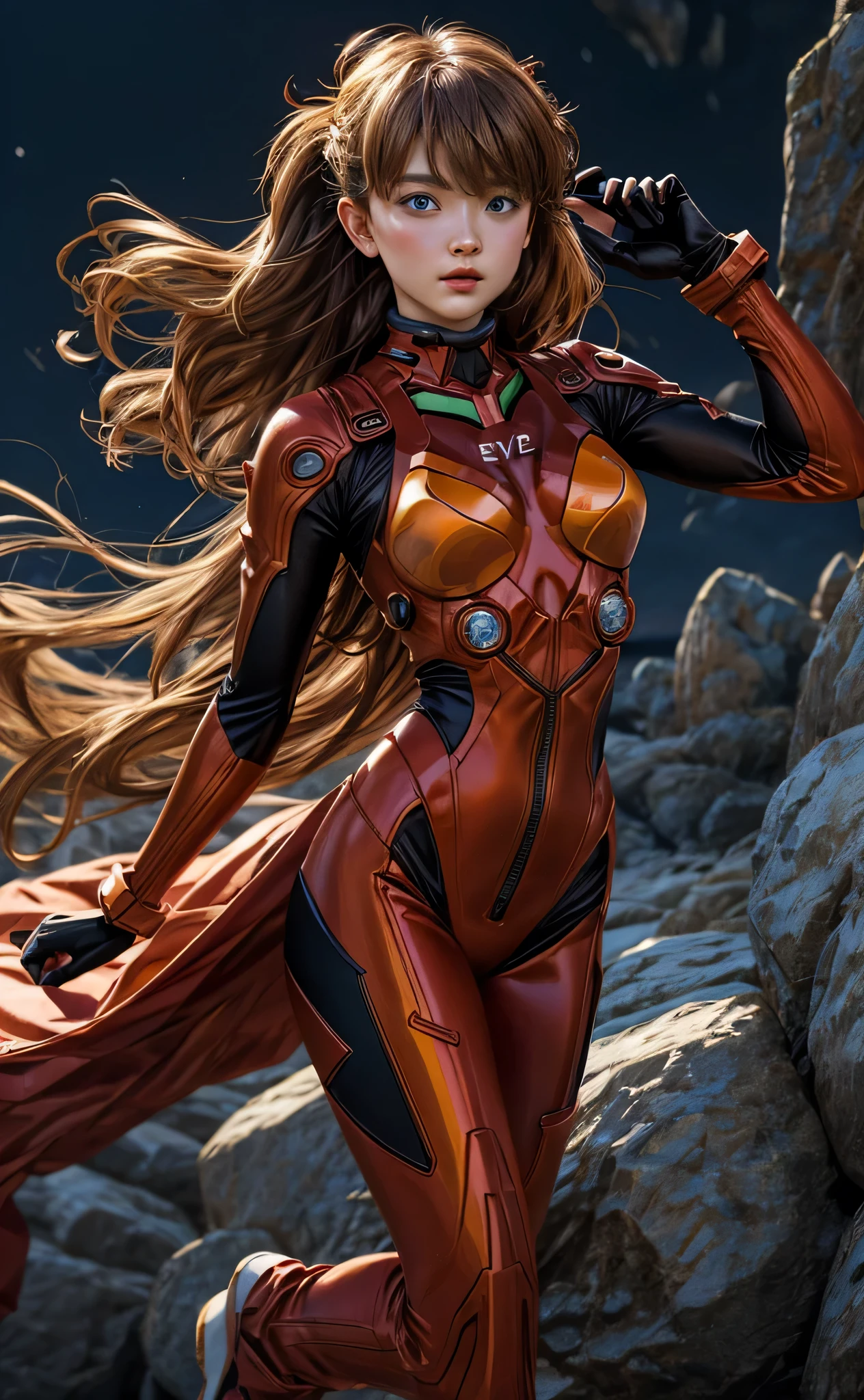 (masterpiece:1.4、top-quality)、(intricate detailes)、Unity8k wallpapers、ultra-detailliert、Beautiful and mysterious、detailedbackground、realisitic、独奏、Perfectly detailed face、Detailed blue eyes、ighly detailed、red blush、hair adornments、Chignon mahogany hair、(blonde hair)、Plug Suit 02,Shikinami Asuka Langley、evangerion、Slender 15 year old girl、full body suit rack background、On the waist、Dynamic Pose、Dynamic angles、