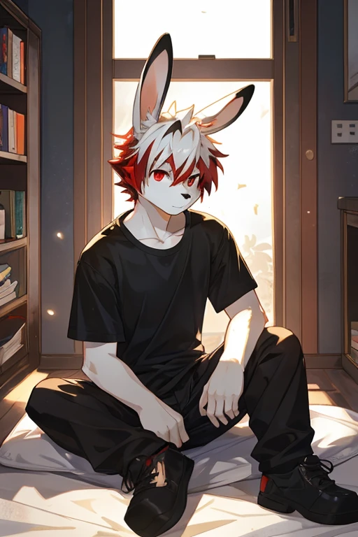 edgBunny,black T-shirt,indoor,night,sit,pants, male, anthro, furry,by milkytiger1145,White fur,white color hair,A pinch of red highlights,red eyes,adolable,Short hair details,messy hair