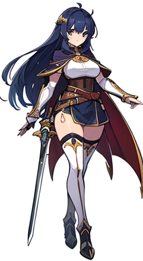 (((Best Quality))) , ((full body)), female, reference sheet, solo, (white background), holding staff or sword, gauntlets, thigh high, loin cloth only, cloak, belt, long hair, blue, orange, green, violet, brown, white,
