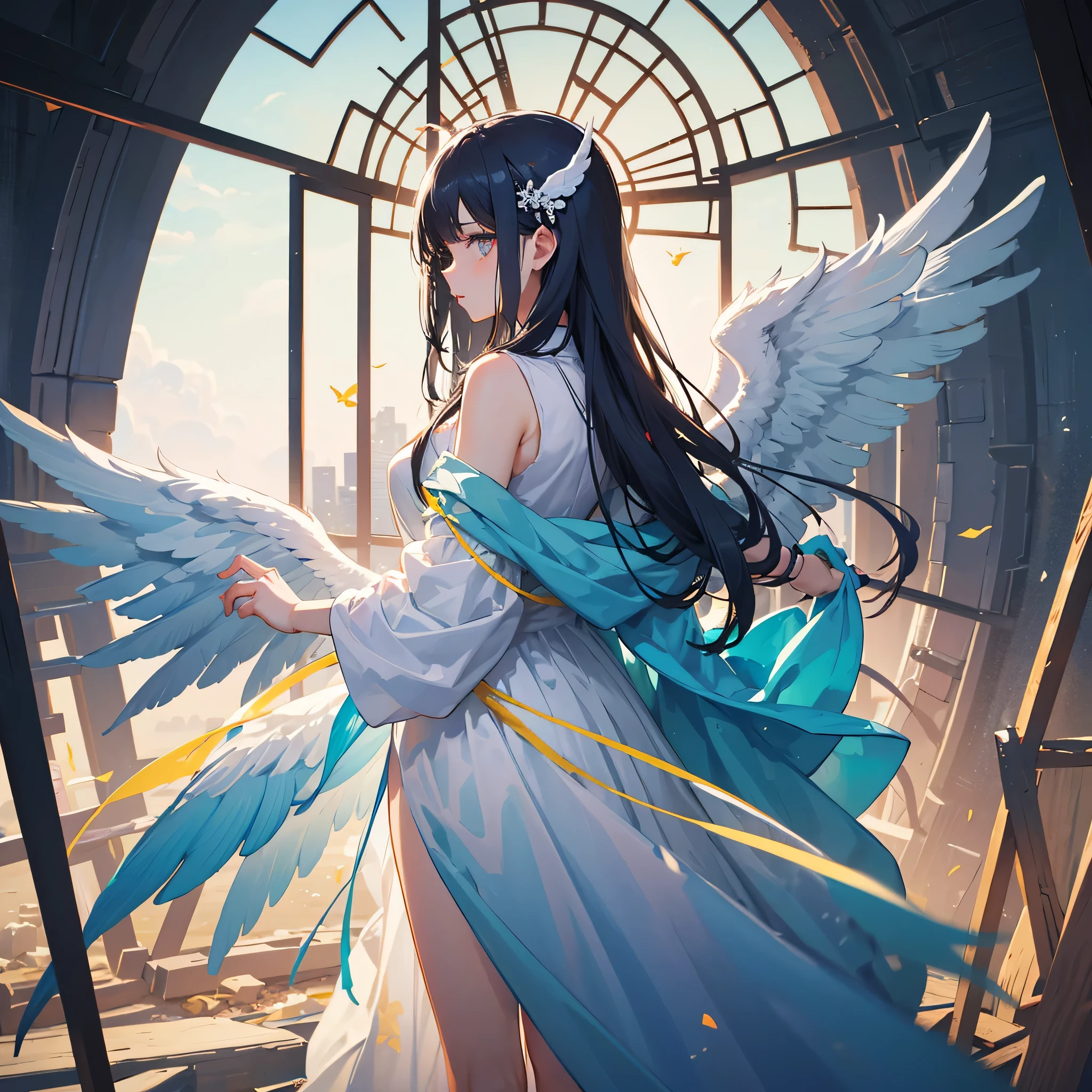 quality、tmasterpiece、Angelic woman，Huge wings sticking out of the screen、The sight that briefly snapped through the transparent shiny wings、create a mystery、The atmosphere is solemn。Its transparent wings reflect light、Harmony with surroundings、The ruptured part is、At the same time, it symbolizes her strength and vulnerability、NSFW