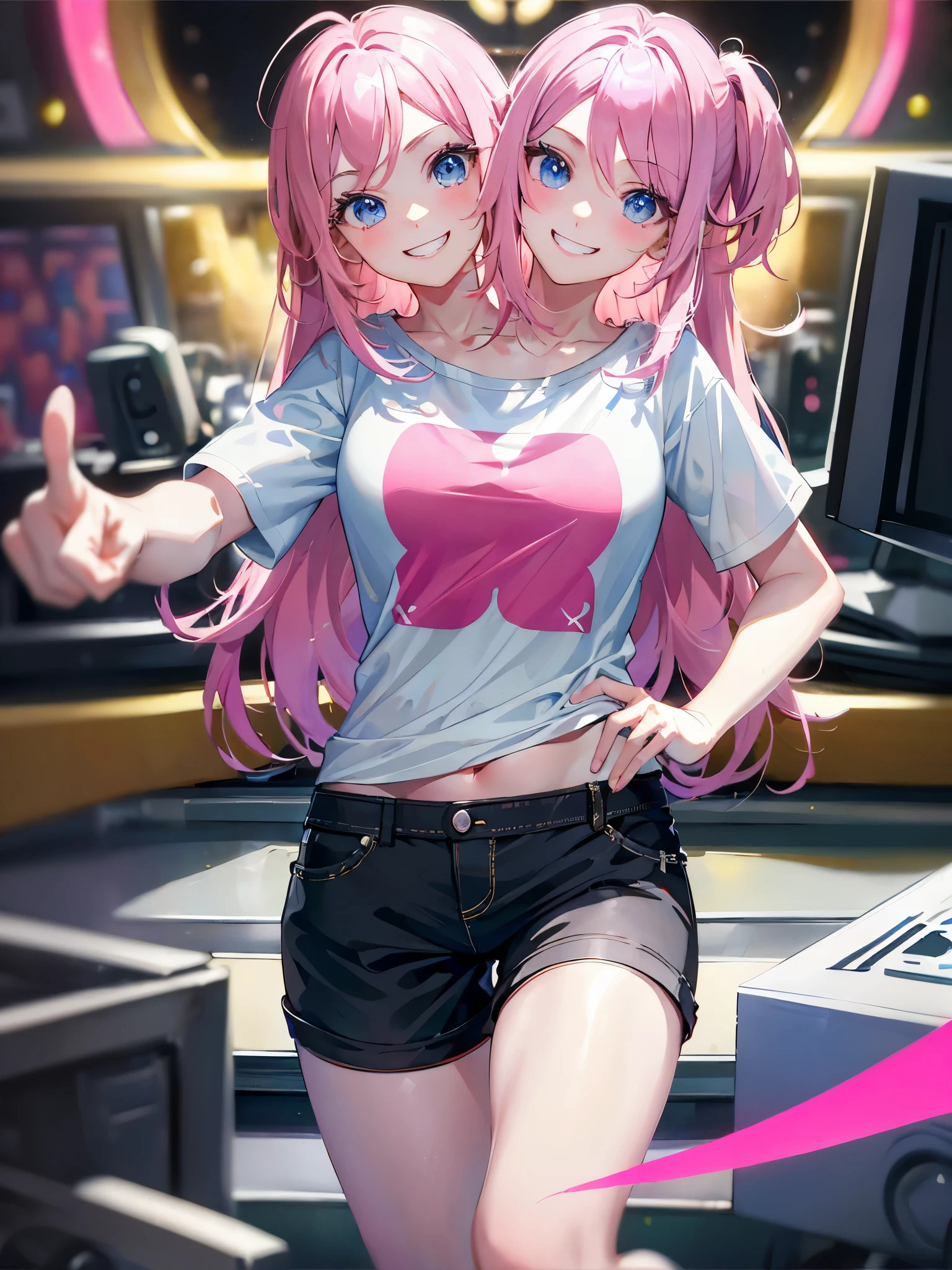 (masterpiece, best quality), best resolution, (2heads:1.5), 1girl, messy pink hair, blue eyes, spunky, smiling, grin, black and white t-shirt, short pants, one hand on hip, pointing at viewer, game room