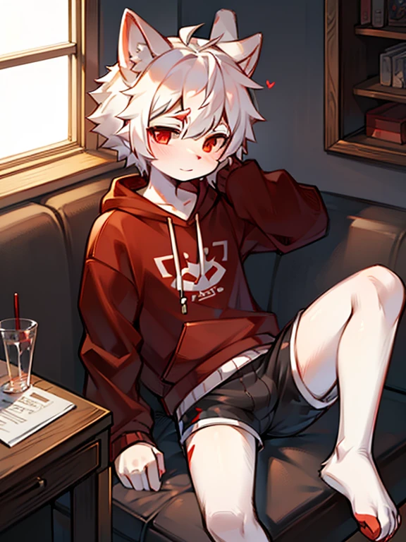 Libido boy, edgBunny, Ears drooping,White fur,red highlighter,Young person, red eyes, messy hair, White hair, Short hair details, tmasterpiece, The content is very detailed, casual sweatshirt,shorter pantare-legged,sit