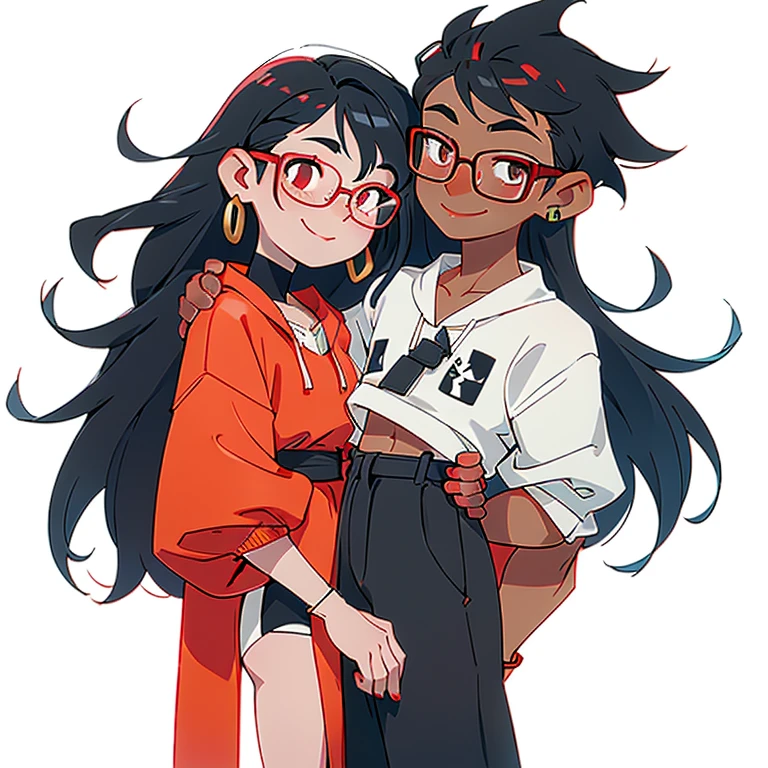Brazilian, half Asian, half Brazilian, white skin, defined body, long straight black hair, with bangs on the forehead, round glasses, wearing a red dress, with half Asian eyes, smiling, kissing her boyfriend
1boy smiling, curly hair, short hair, glasses, white skin, looking in the mirror, black and white colors, boy
nose and mouth of a black person,
small golden piercings in the ears, with side-shaved hair,
half Brazilian and half black, 18 years old, looking younger.