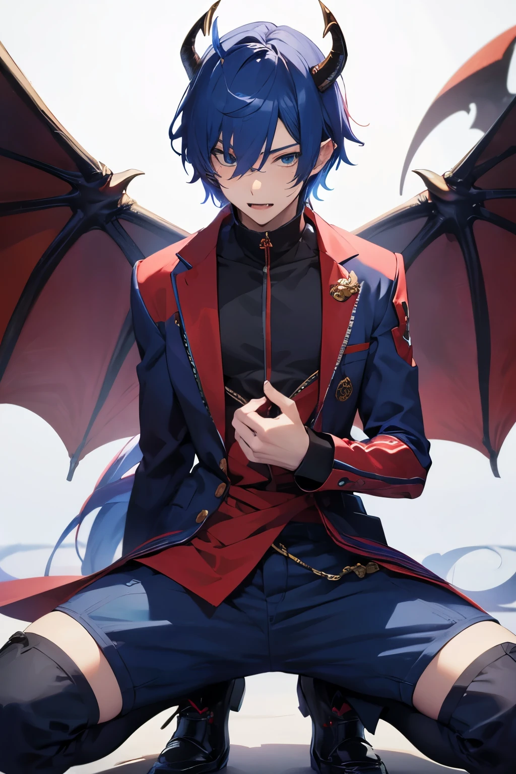 (Best Quality)), ((masutepiece)), Perfect face,1 male,20代の男性,twinks,full body seen,cool,dynamic ungle,Adults,Dragon's horns on the head,darkblue hair,Show fangs,sharp claws,