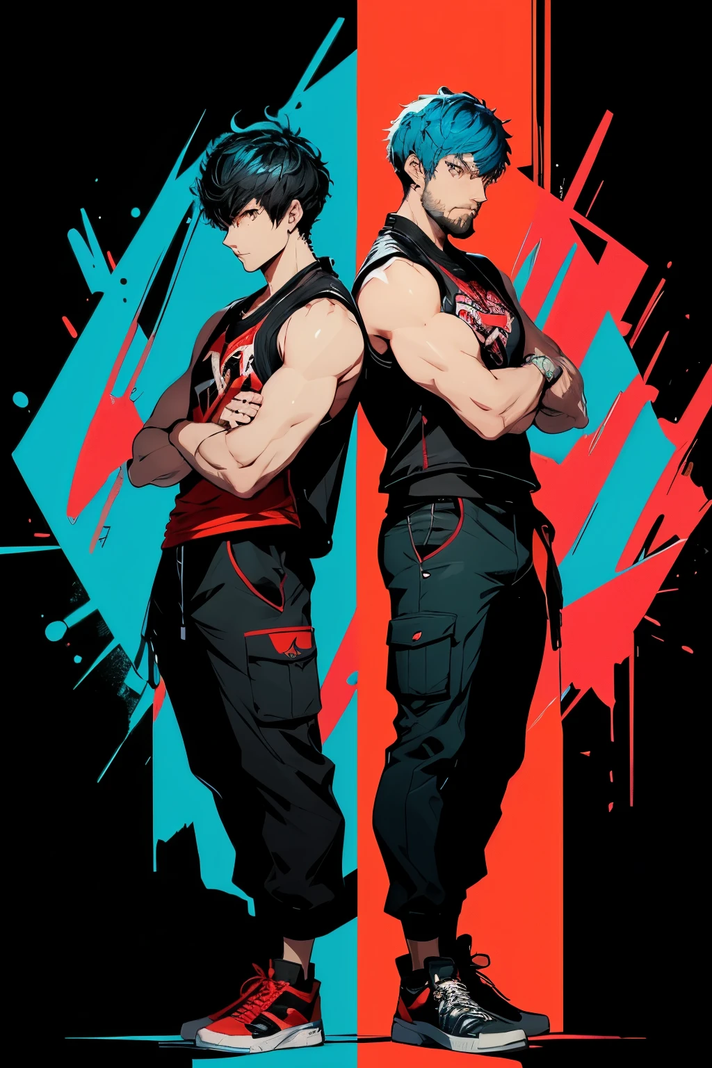 Two characters, both facing each other, in fighting stances Dojo Background, with Persona 5 game Artsyle, First charactera muscular young man with cyan blue hair in a undercut hair and tanktop and cargo pants outfit has a Short Trimmed beard no tatoos badass has a relaxed expression, Second Character is a young man with small beard wearing a karate uniform is very big muscular has long black hair have serious expression body hairless