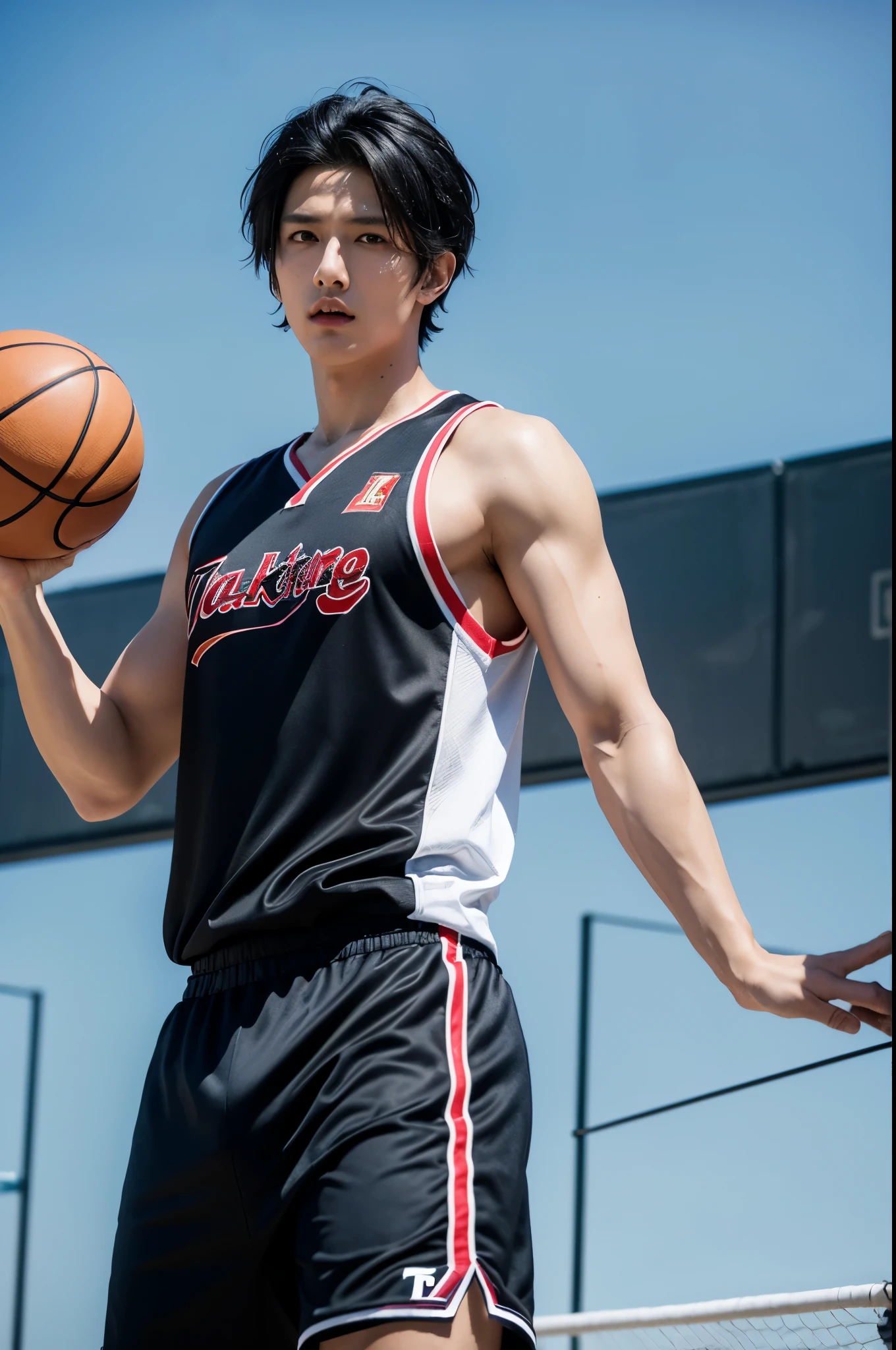 (The best品质,tmasterpiece :1.2)The best, tmasterpiece,Sunny handsome boy,Short black hair details,wearing basketball outfit,Wipe away sweat with a towel,The background is a basketball court,Beautiful weather,