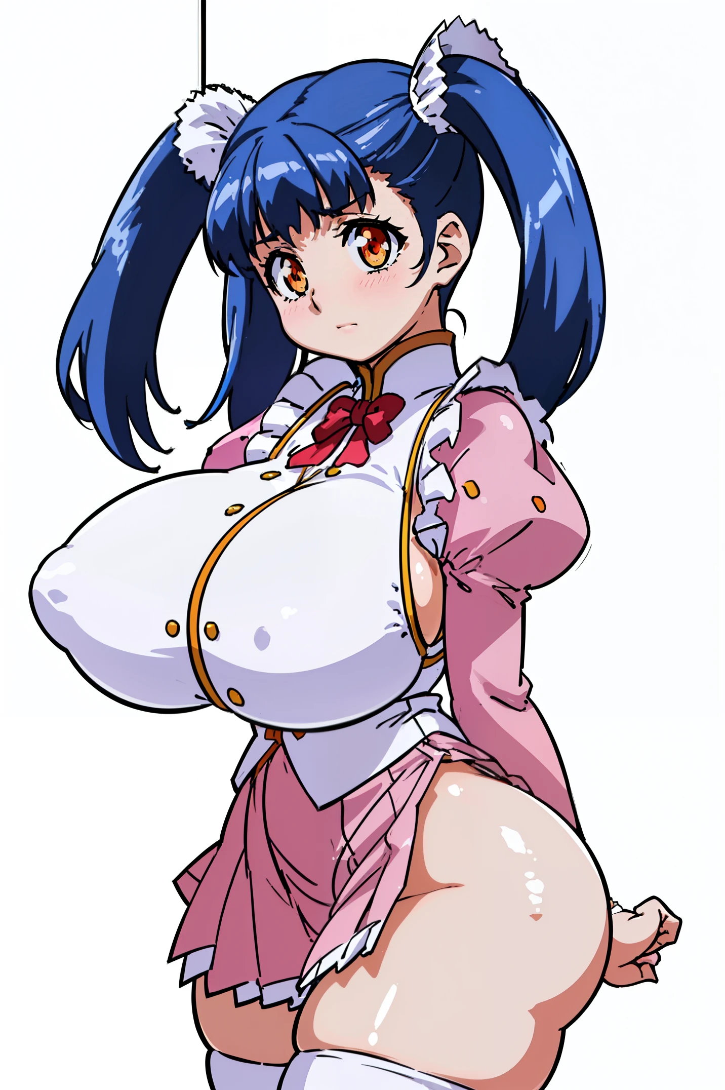 (White background:1.5),(1girl in),(Everyday clothes,Red ribbons,pink sleeves,桃色skirt by the;1.4),(Dressing:1.3),(skirt by the:1),(Huge breasts:1.3),Twin-tailed、Blue hair、white frills、Orange Eyes,Cowboy Shot,from the front side
