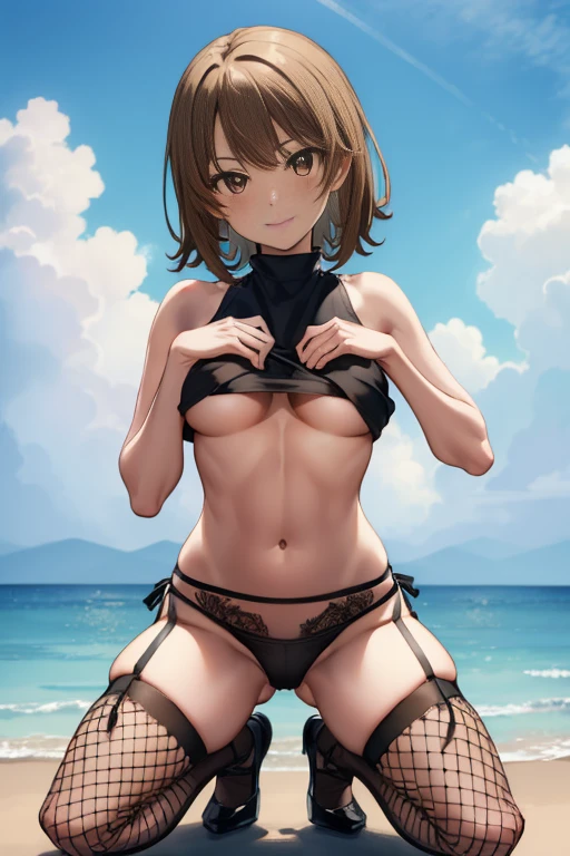 ((full body:1.4)), irohaisshikitest, iroha isshiki, short hair, brown hair, (brown eyes:1.5),
((black tank:1.4)), ((black heels:1.4)), ((black panties:1.4)), ((fishnet stockings:1.4)), ((underboob:1.5)), ((smile face)), ((blushing)), red face.
BREAK, playground background, ((kneeling:1.5)),
BREAK ((looking at viever:1.4)), BREAK (masterpiece:1.2), best quality, high resolution, unity 8k wallpaper, (illustration:0.8), (beautiful detailed eyes:1.6), extremely detailed face, perfect lighting, extremely detailed CG, (perfect hands, perfect anatomy), ((sky from bellow:1.5)), ((from down:1.5)),