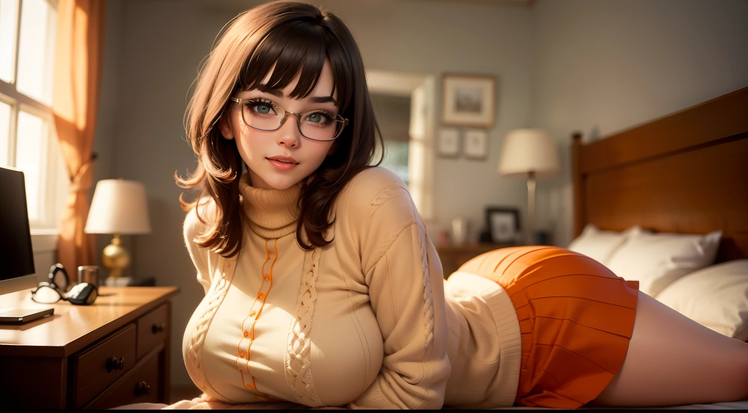 HD, 8k quality, masterpiece, Velma, (1girl, solo girl) dream girl, huge breasts, beautiful face, kissing lips, short bob straight hairstyle, long bangs, perfect makeup, realistic face, detailed eyes, jade green eyes, brunette hair, eyelashes, bedroom, laying on bed, eyes at viewer, ((orange sweater)), turtleneck sweater, clear lens glasses, ((red skirt)), schoolgirl skirt, excited mood, full body,