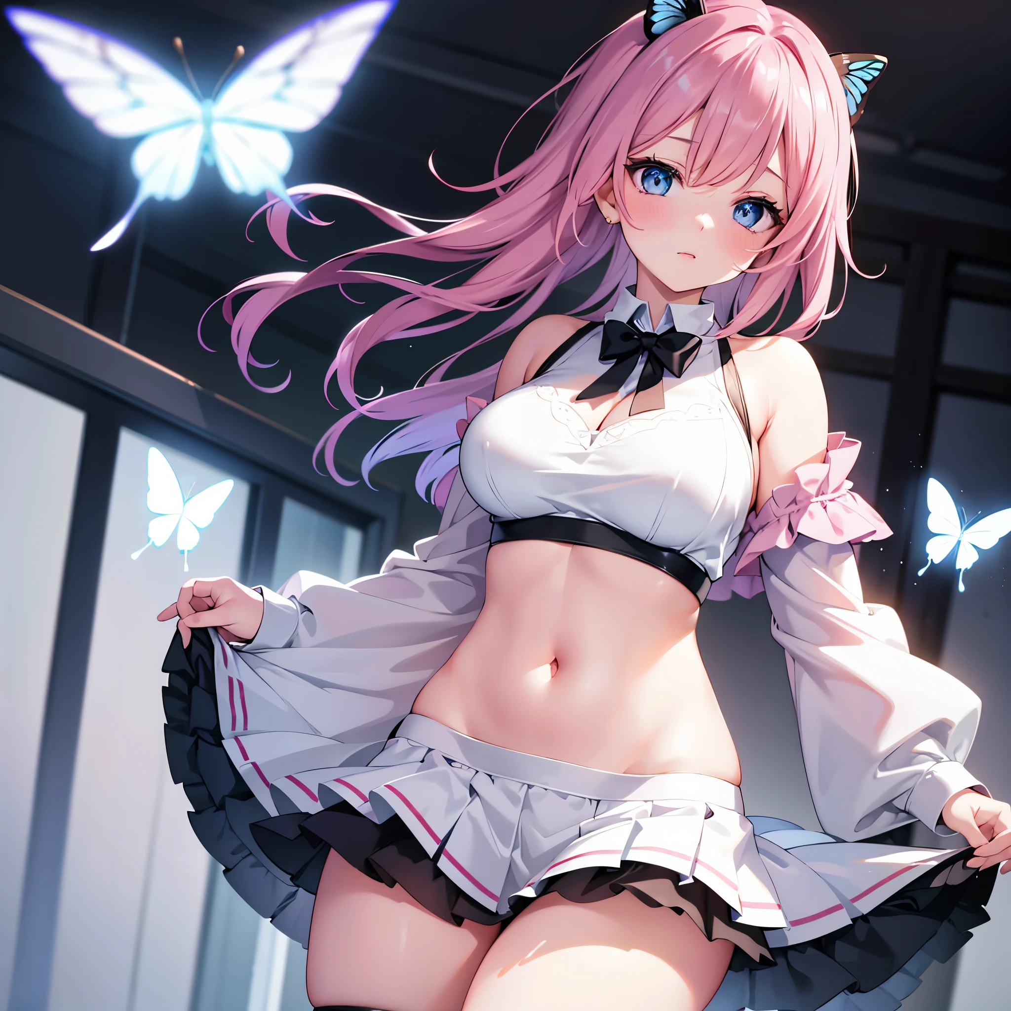 adult woman、exact number of fingers、Exact number of legs、Exact number of arms、bangs, ribbon ponytail, brown hair, (blush:1), (put one hand in your panties:1.8), fingering, (pussy juice:1.2), cum in mouth, (A woman is holding a microphone and is about to sing:1.5)、white and navy idol costume、That costume includes a navy blue idol-style corset., That costume has a ribbon on the collar.、The costume covers the shoulders, sides, upper arms, and arms., That costume only opens wide at the chest.、high socks、white idol style skirt, (Detailed and luxuriously decorated underwear:1.3), Ribbon at collar, (White and pink panties with lots of lace:1.3), white lace bra:1.2), sexy underwear, Thighhighs、 beautiful big breasts, (erect nipples:1), the skirt is turned up、highest quality, High resolution, (detailed and beautiful eyes:1.6), highly detailed face, perfect lighting, Very detailed CG, (perfect hands, perfect anatomy),embarrassed expression、The expression that you are holding back from going to the toilet, (sexual pleasure expression:1.4), (expression of agony:1.2)、close your eyes、sexy look、look upward、mouth half open、Climax、(live stage、a lot of spectators:1.3)、whole body