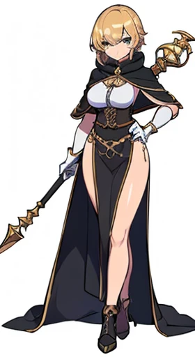 (((Best Quality))) , ((full body)), female, reference sheet, solo, (white background), holding staff, gloves, loin cloth , cloak, side slit skirt,