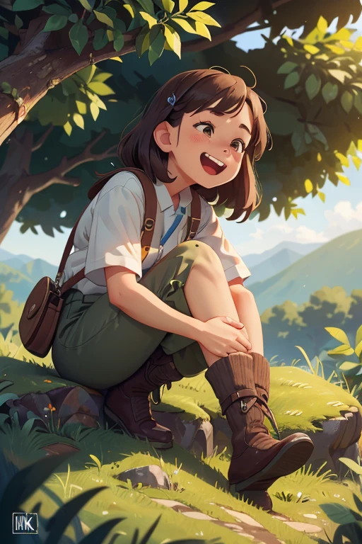 close_up of Laughing face, Sitting on the mountaintop, green, intricate, (masterpiece, Representative work, official art, Professional, unity 8k wallpaper:1.3)